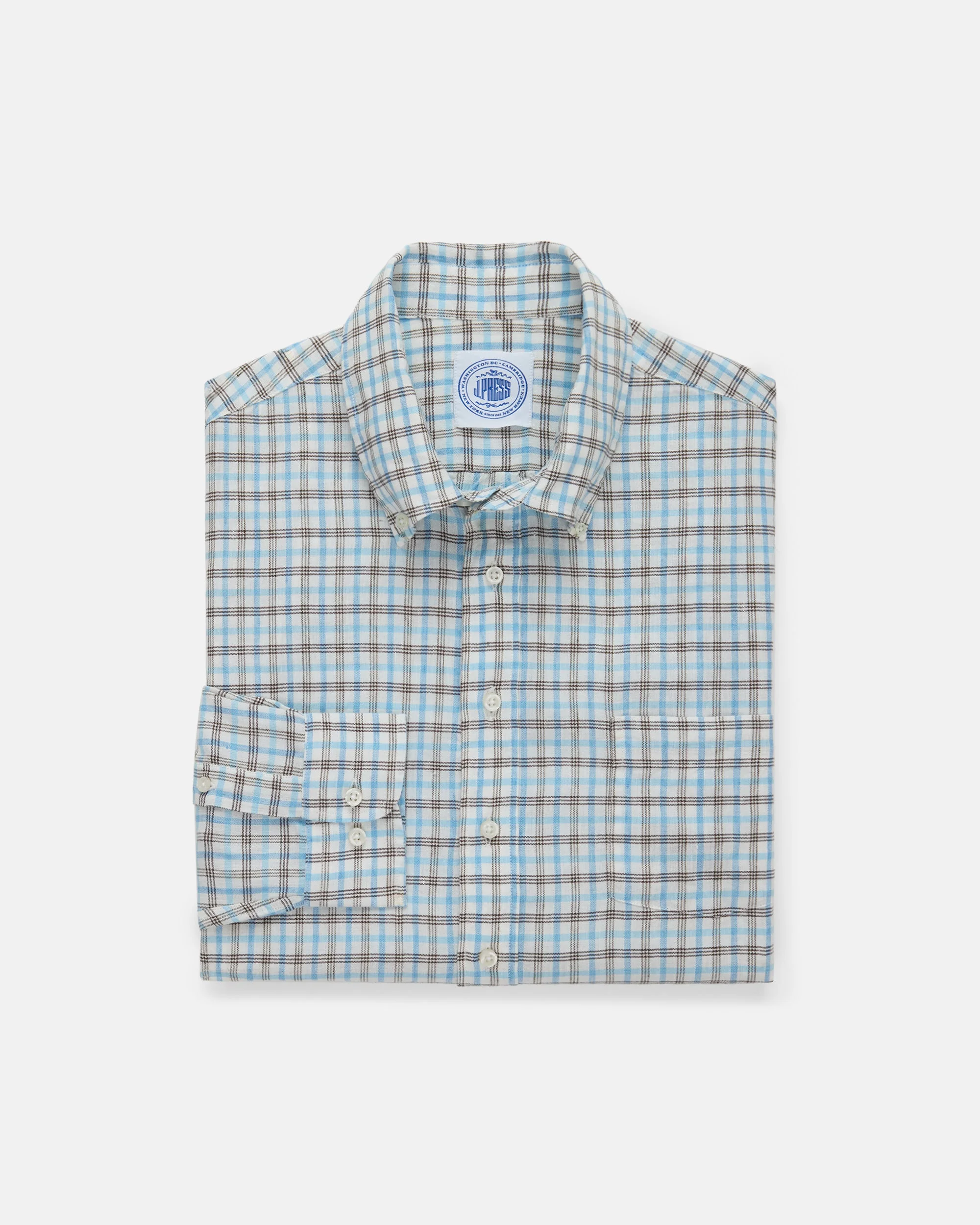BLUE & BROWN PLAID LINEN/COTTON SPORT SHIRT - CLASSIC FIT - 1