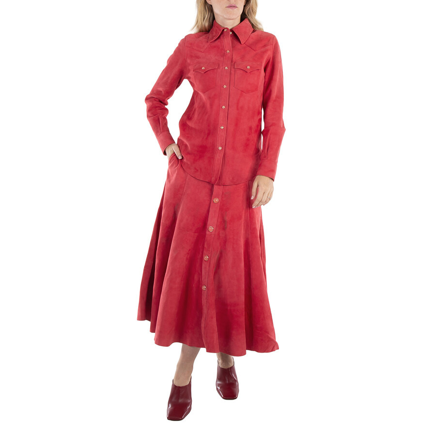 Chloe Scarlet Red Suede Long-Sleeve Shirt, Brand Size 36 (US Size 4) - 6