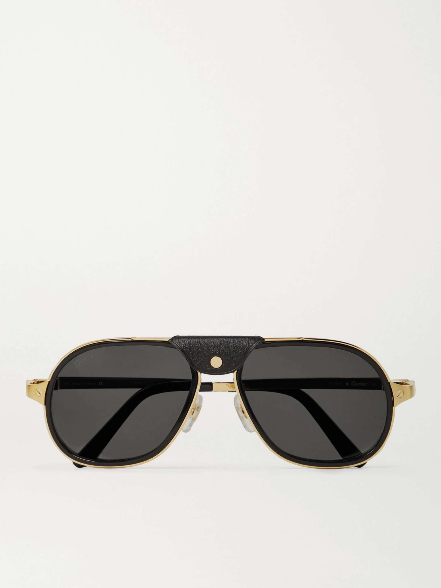 Aviator-Style Leather-Trimmed Gold-Tone and Acetate Sunglasses - 1