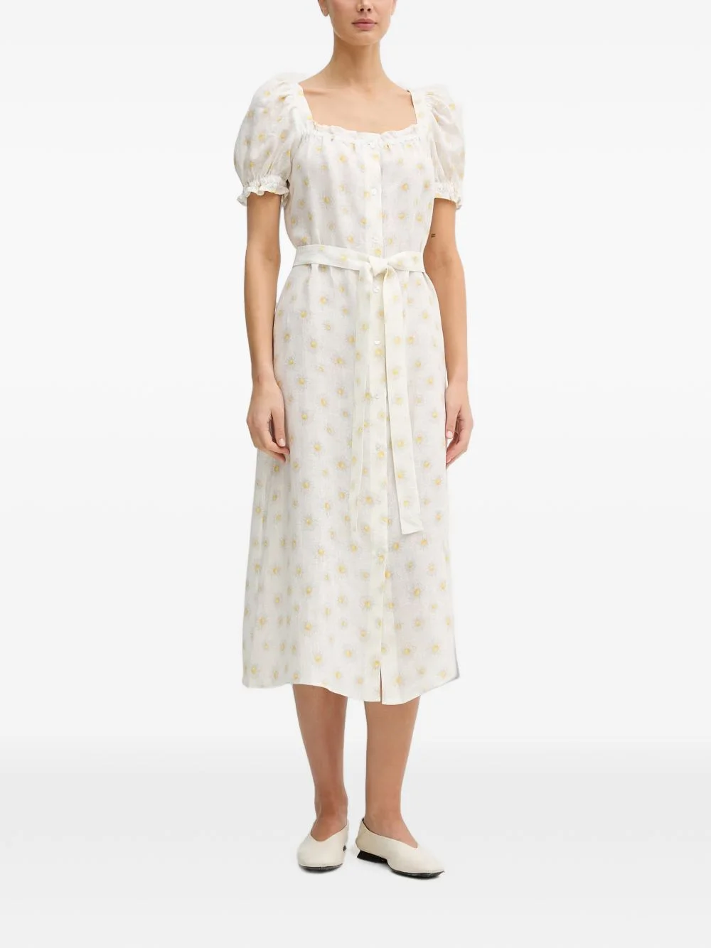 Brigitte daisy-print belted linen midi dress - 1