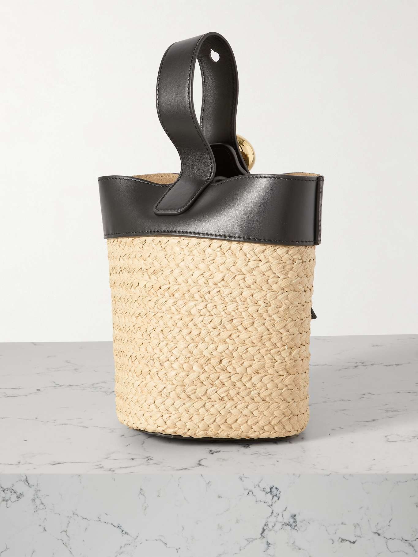 Pebble mini leather-trimmed raffia tote - 3