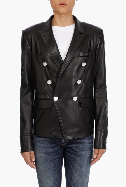 Black leather blazer with double-breasted buttoned fastening - 7