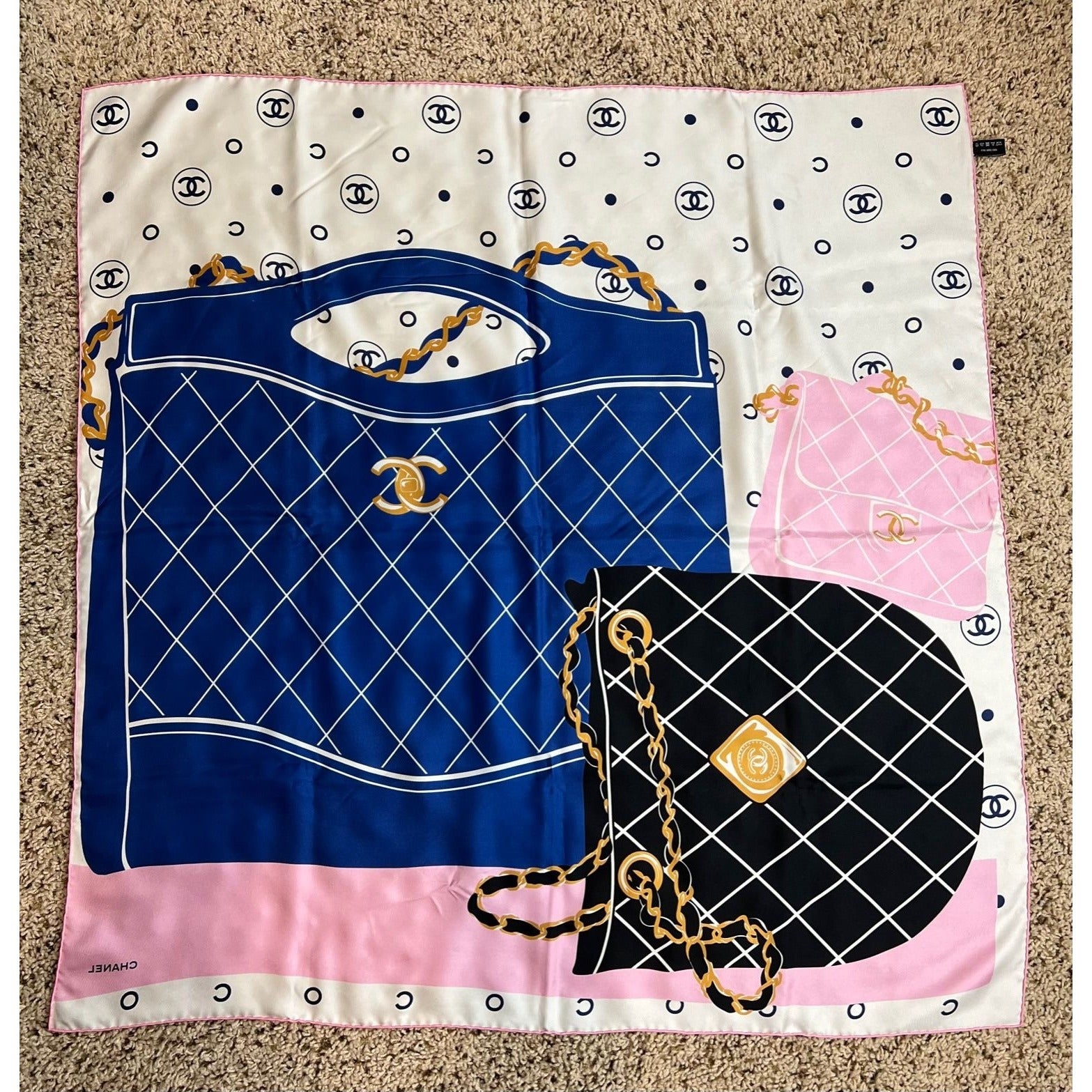 Chanel Silk Pink Black Blue Scarf - 2