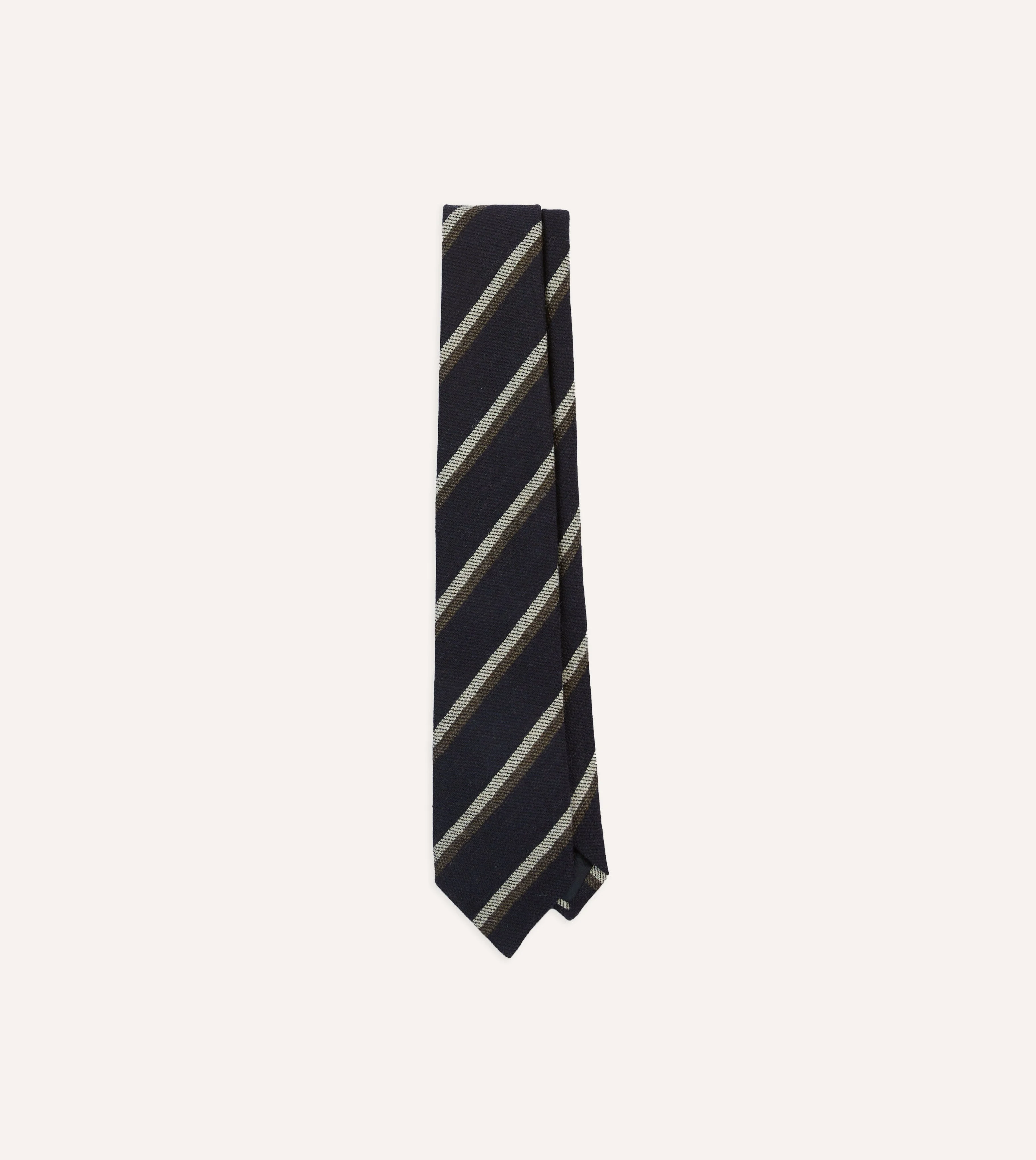 Navy, White and Brown Double Stripe Tipped Wool Tie - 1