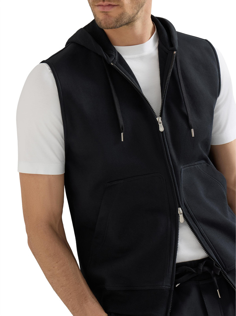 Men's Techno Cotton French Terry Sleeveless Sweatshirt with Zipper and Hood - Black 5