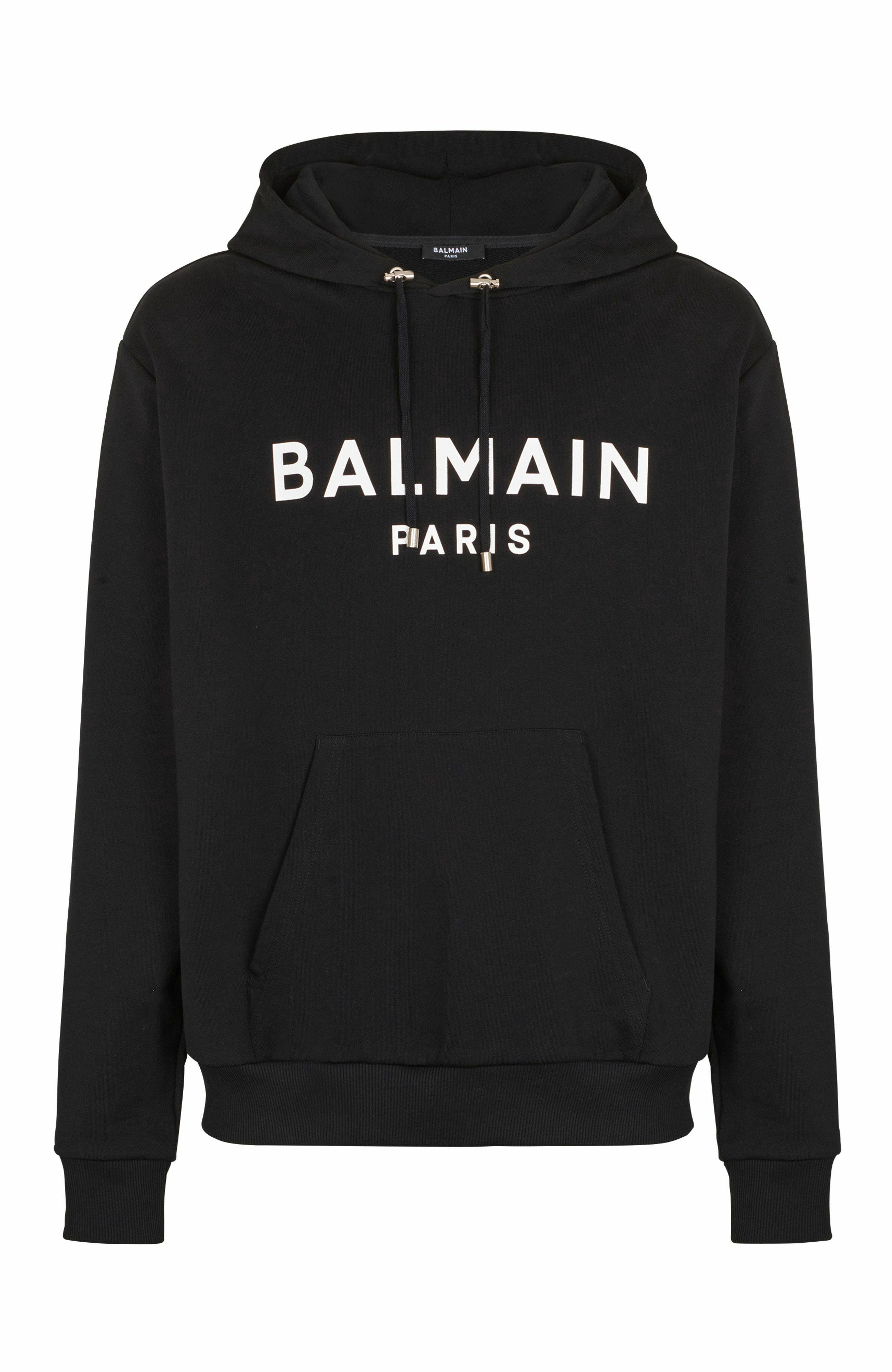Balmain Logo Organic Cotton Graphic Hoodie in Black/White at Nordstrom - 5
