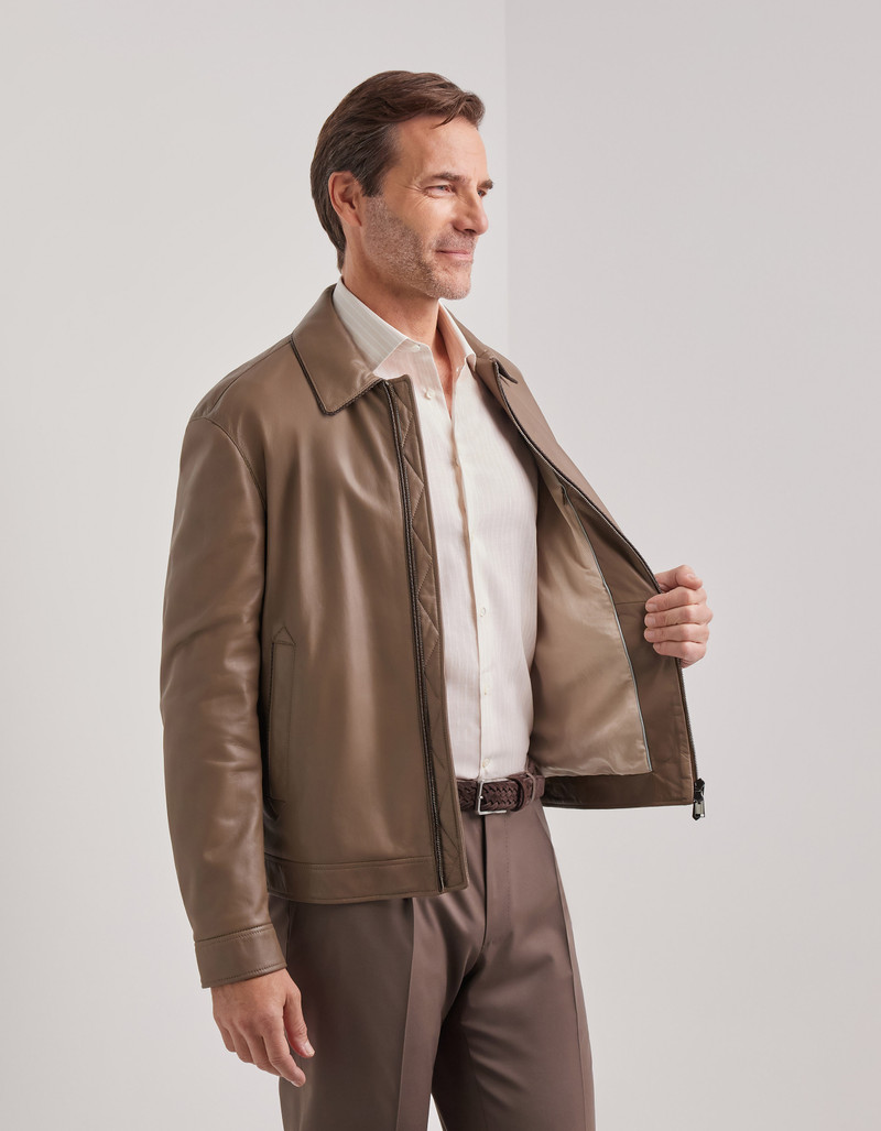 CARAMEL MIXED-MATERIAL ULTRALIGHT SUEDE BOMBER JACKET WITH KNIT INSERTS 261