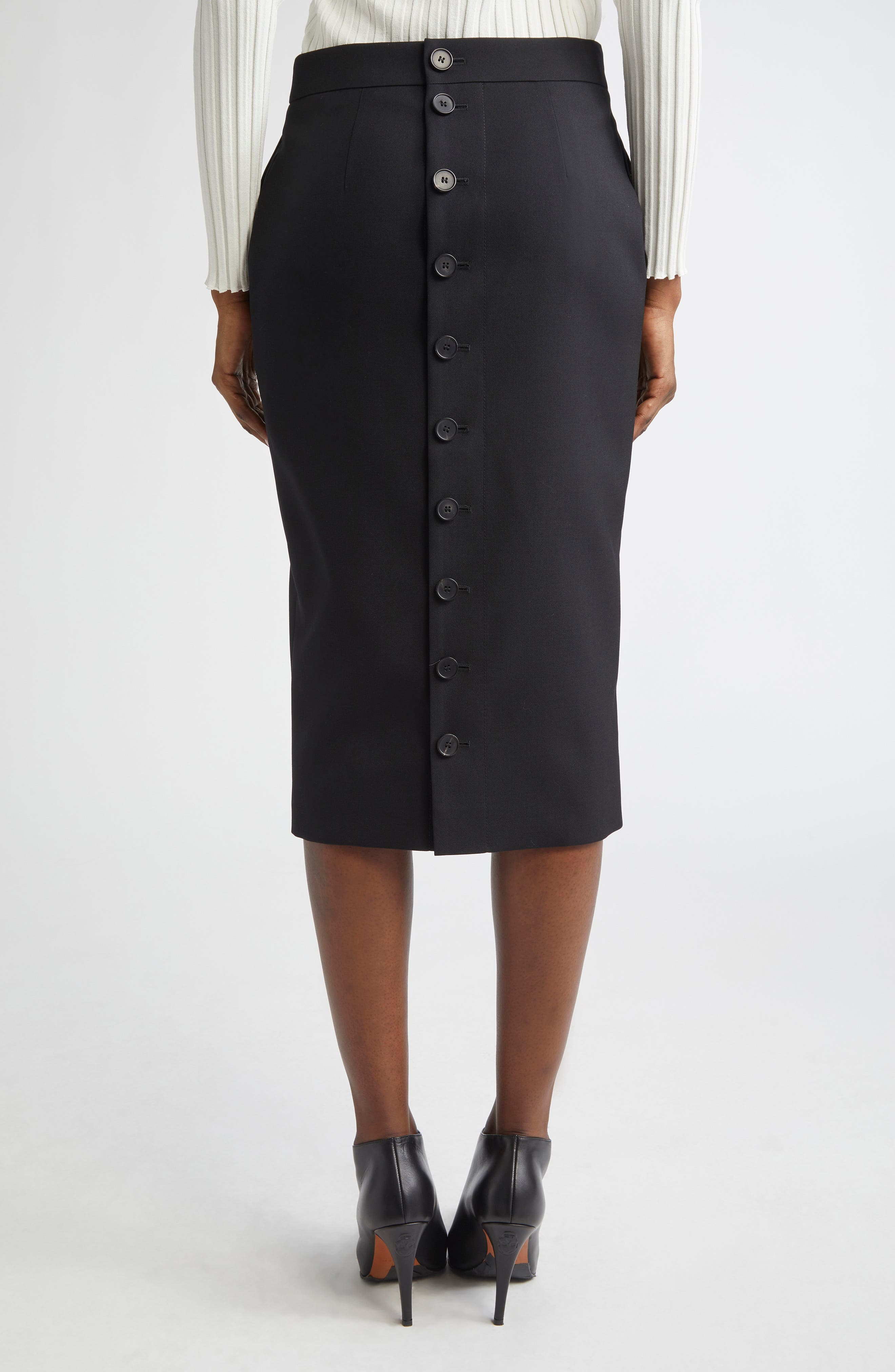 McQueen Back Button Wool Gabardine Pencil Skirt in Black at Nordstrom - 3