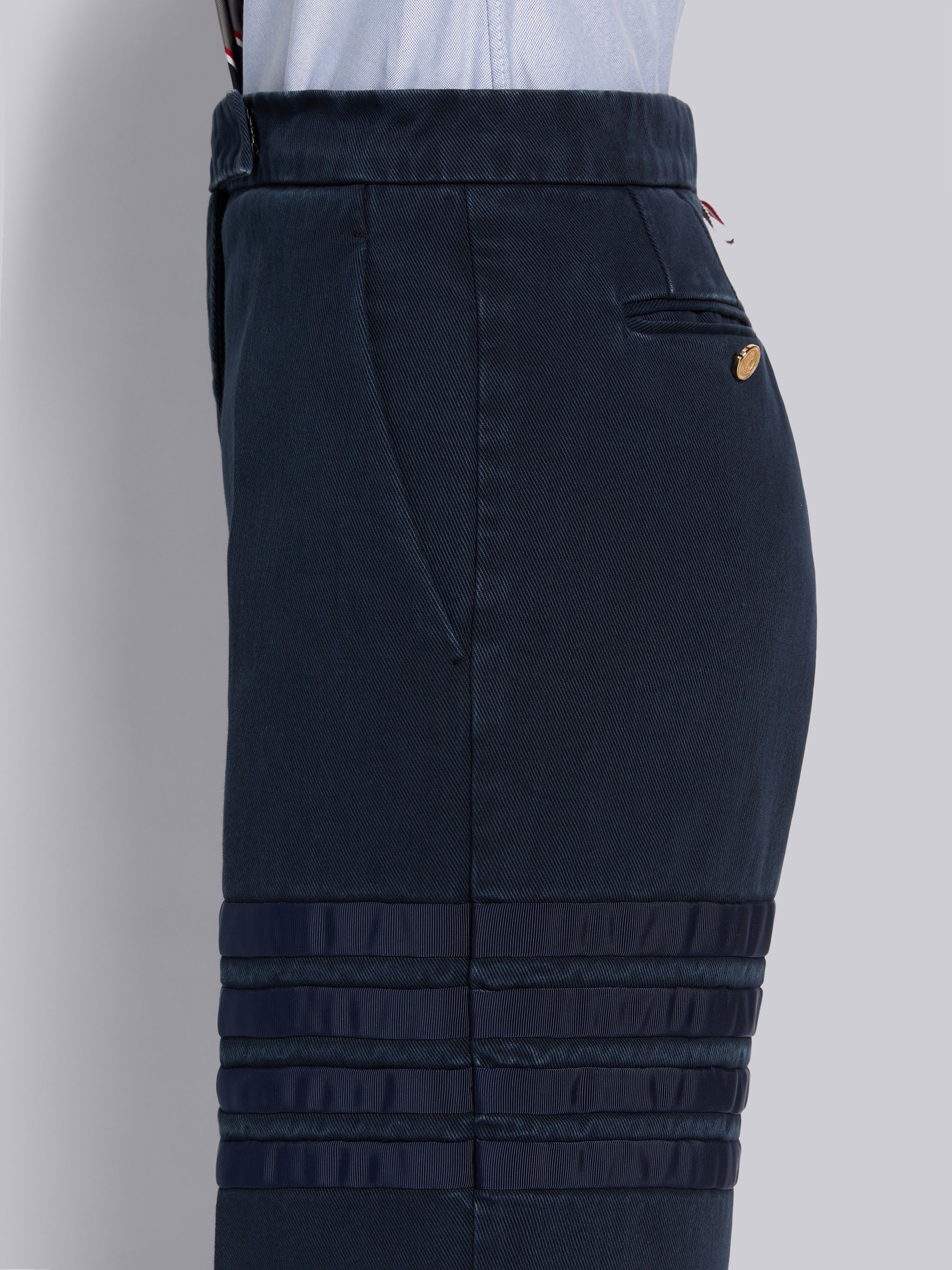 Navy Heavyweight Garment Dyed Cotton Twill Tonal Grosgrain 4-Bar Sack Trouser - 5