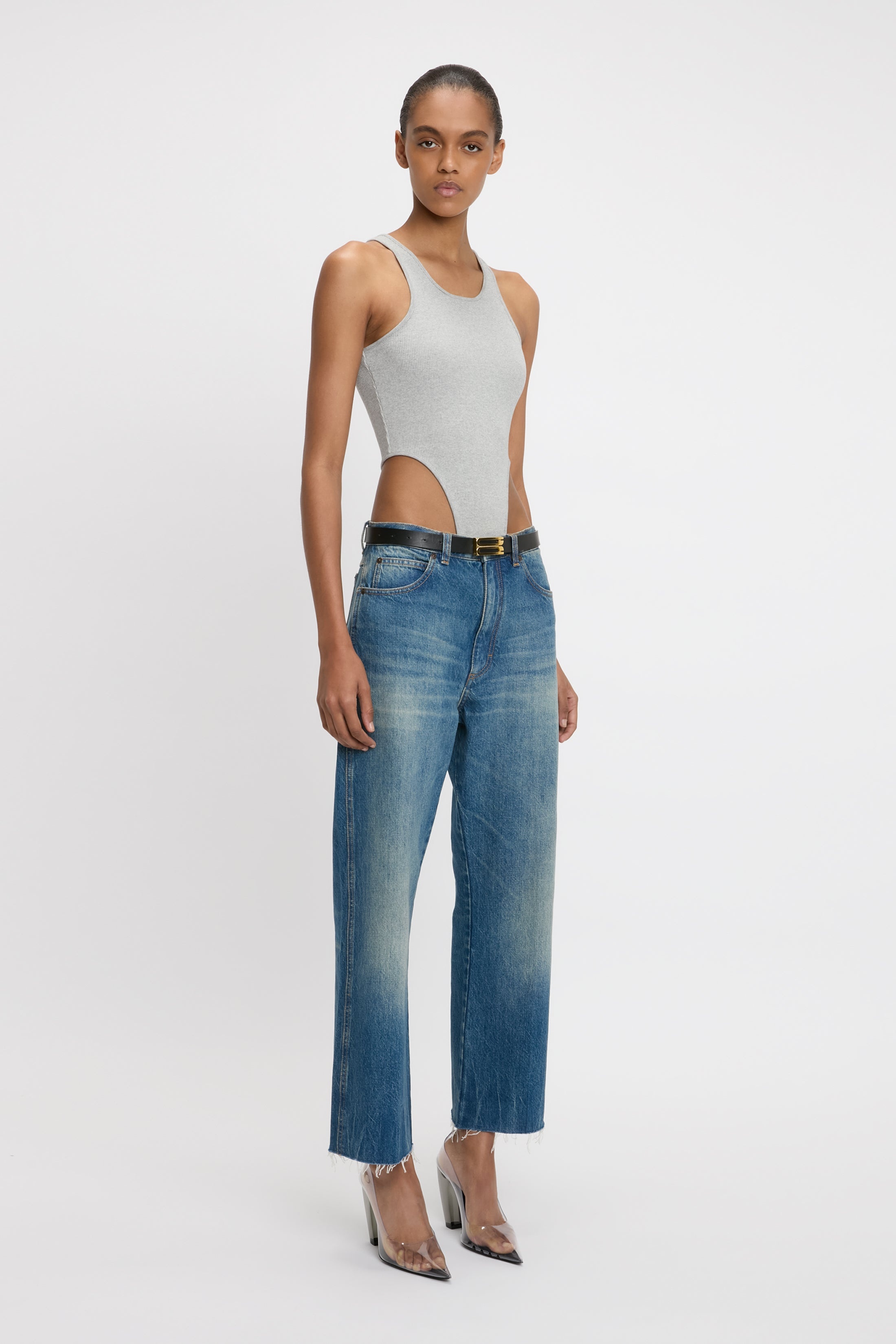 High Leg Bodysuit In Grey Marl - 3