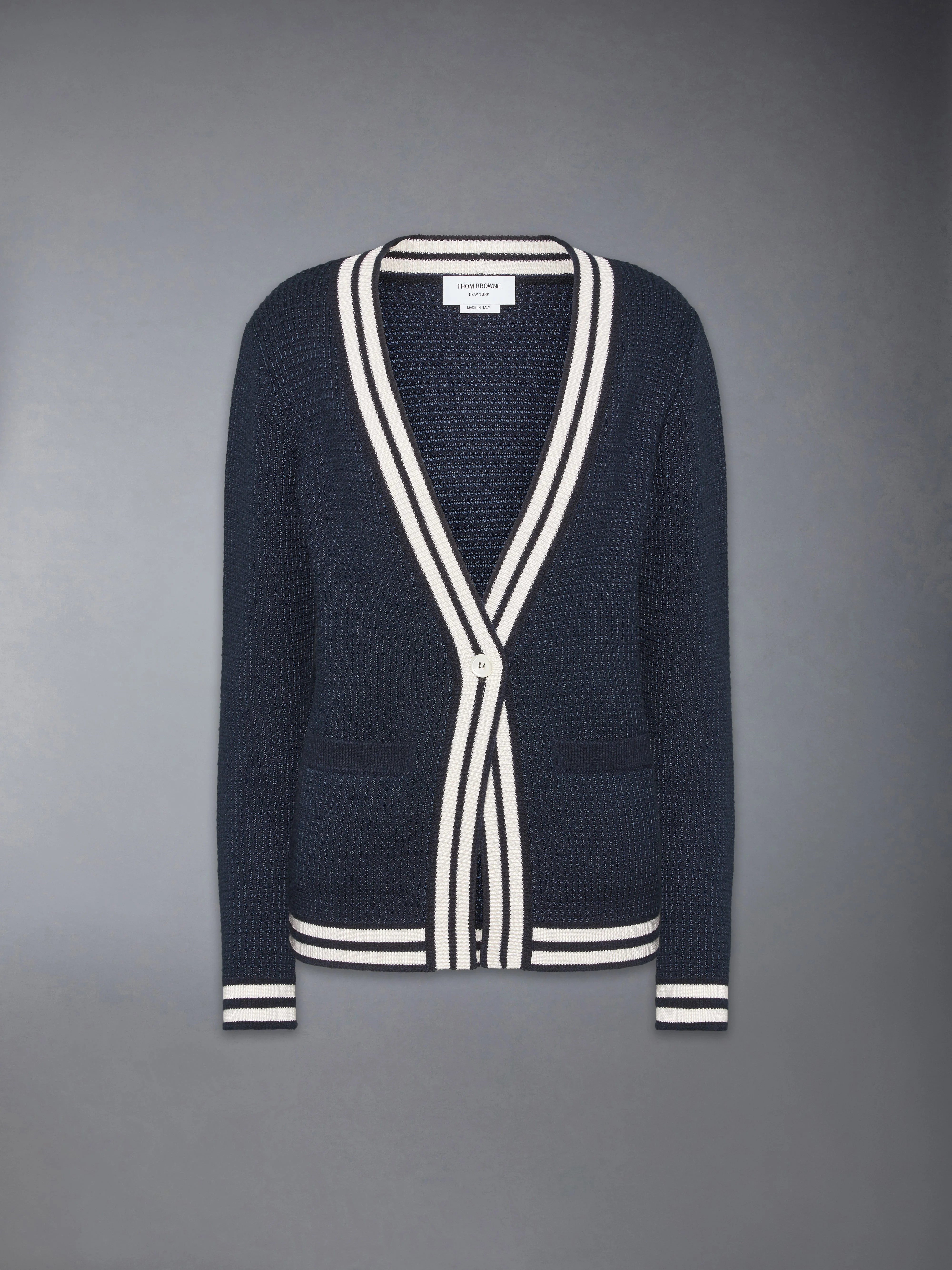 TUCK STITCH SILK CASHMERE & WOOL V NECK CARDIGAN - 1