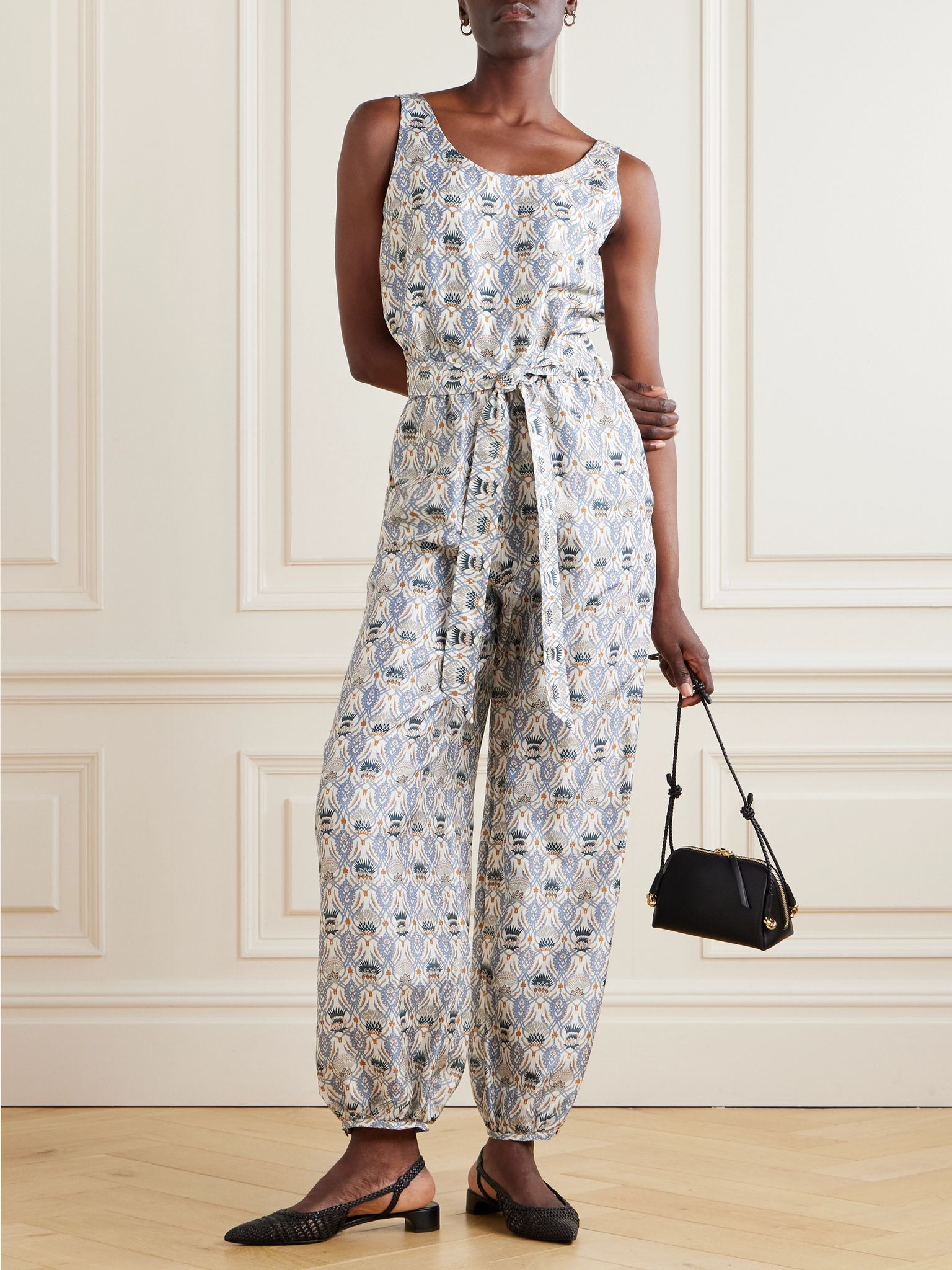 Nadia belted printed silk-satin jumpsuit Blue - 2