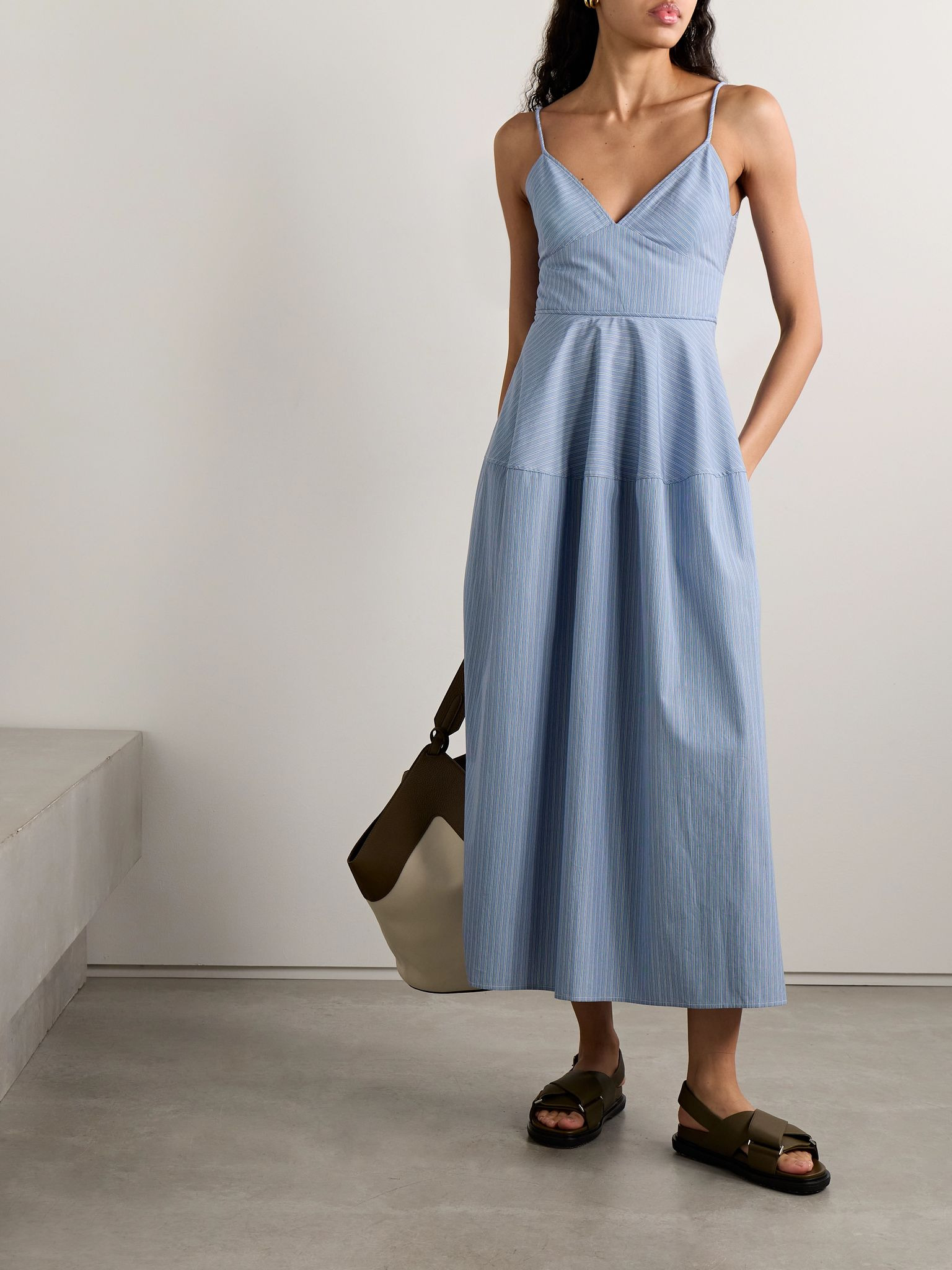 Basque striped cotton-poplin midi dress Blue - 2