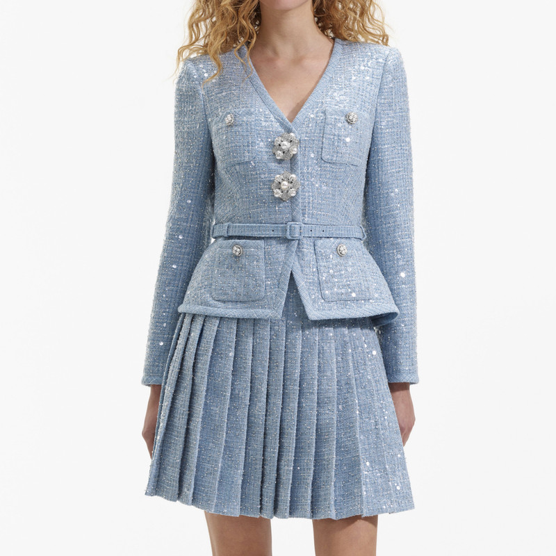 blue sequin boucle mini dress Navy Statement Collar Boucle Mini Dress – Mint Velvet