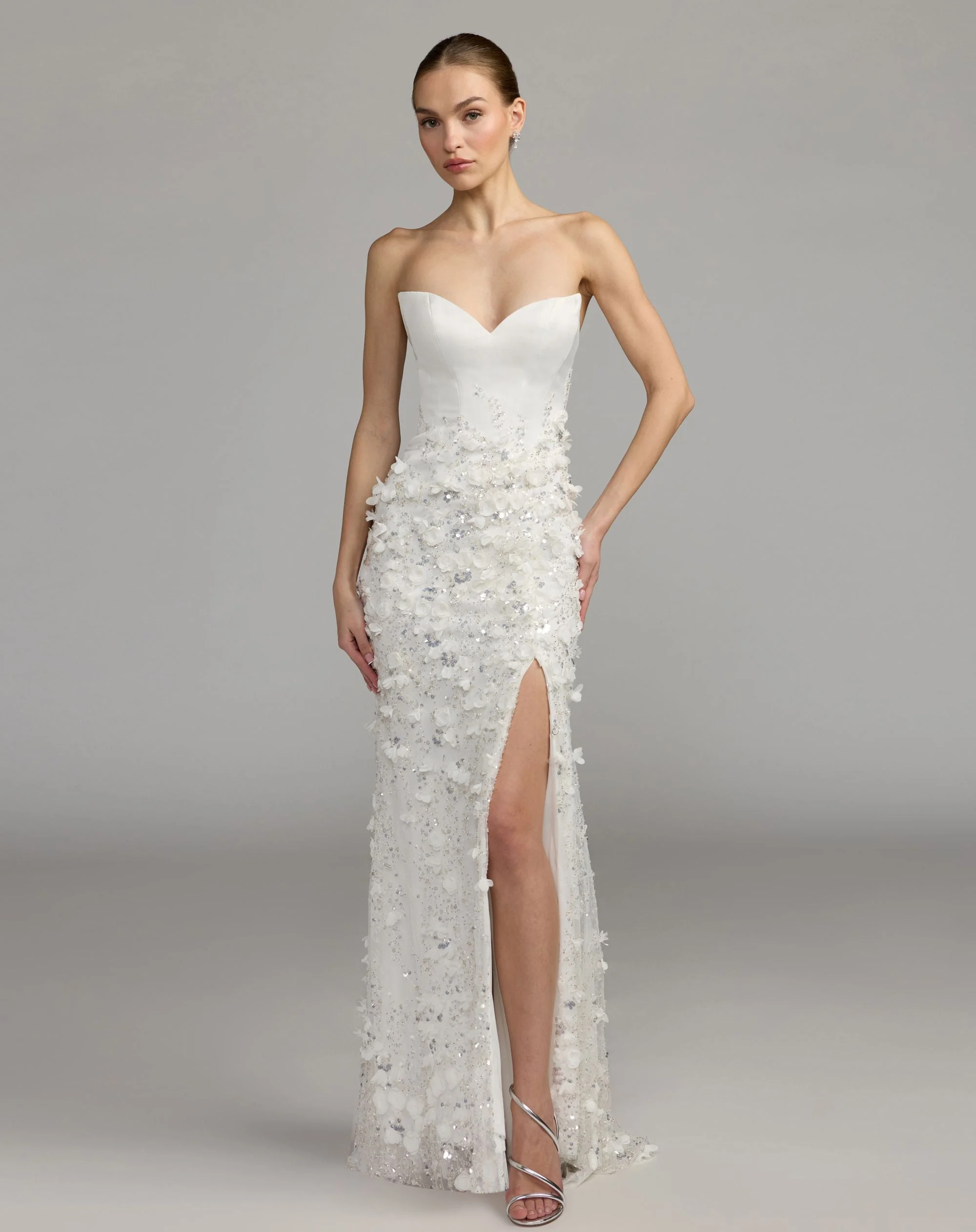 Ivory Strapless 3D Floral Embellished Crepe Gown With Slit - 1