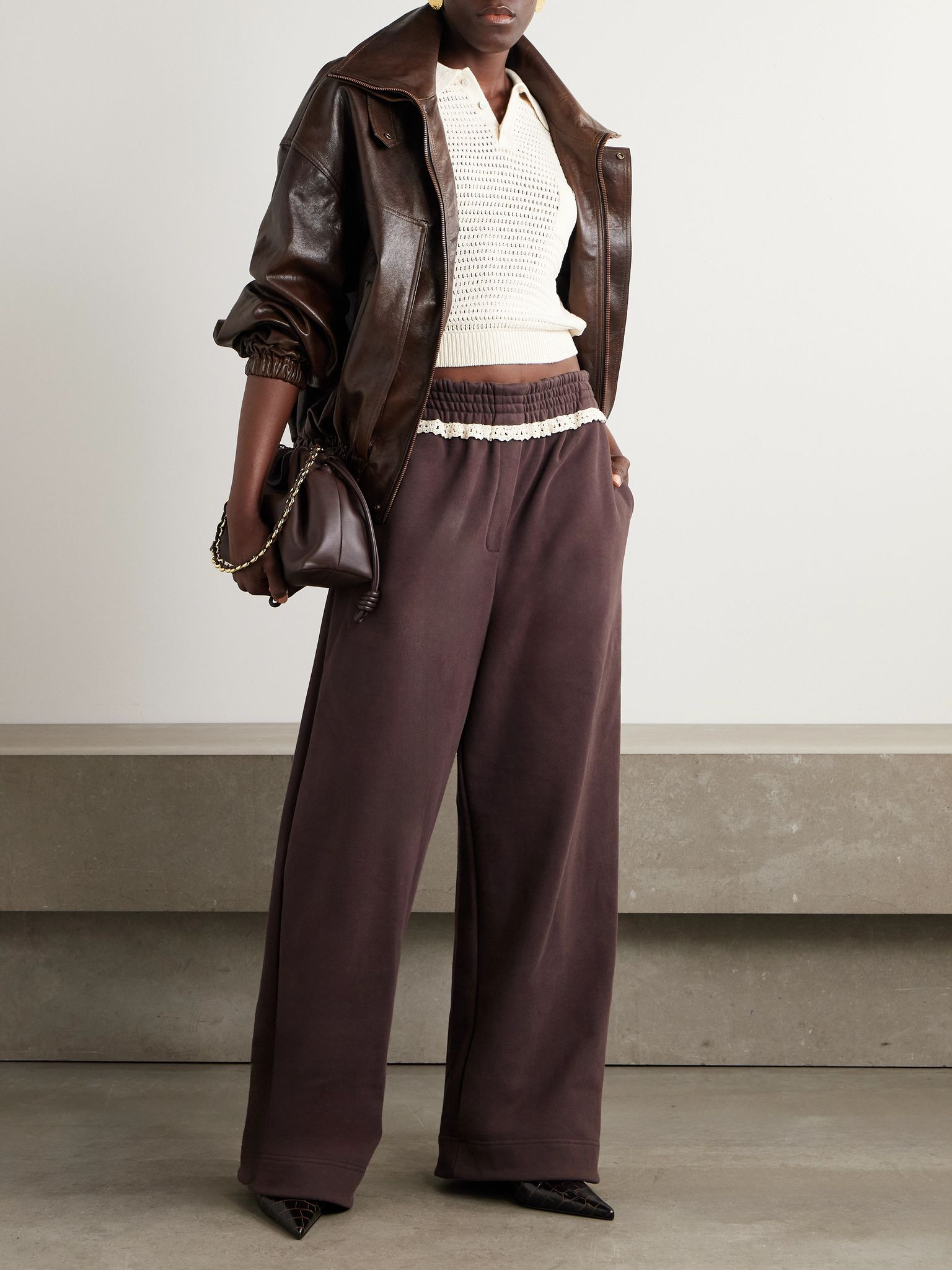 Crochet-trimmed cotton-jersey wide-leg track pants Brown - 2