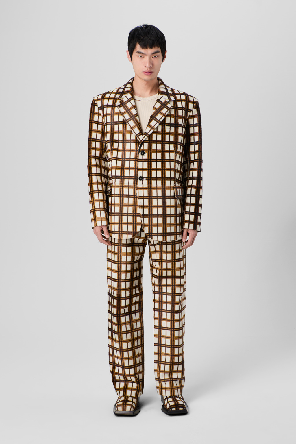 Cream-brown tartan hair-on-leather blazer - 4