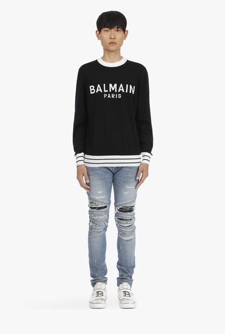 Black wool sweater with embroidered white Balmain logo - 4
