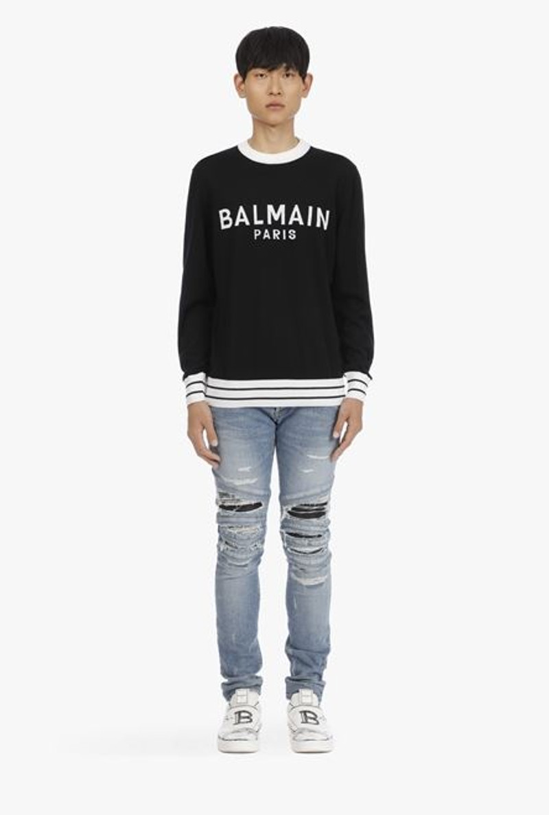 Black wool sweater with embroidered white Balmain logo 4