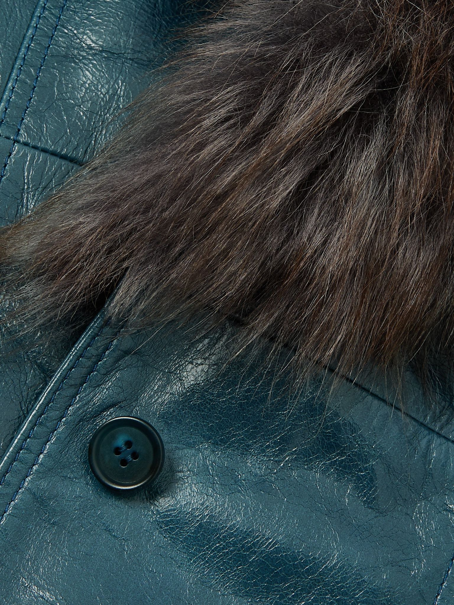Belted shearling-trimmed paneled textured-leather jacket Blue - 5
