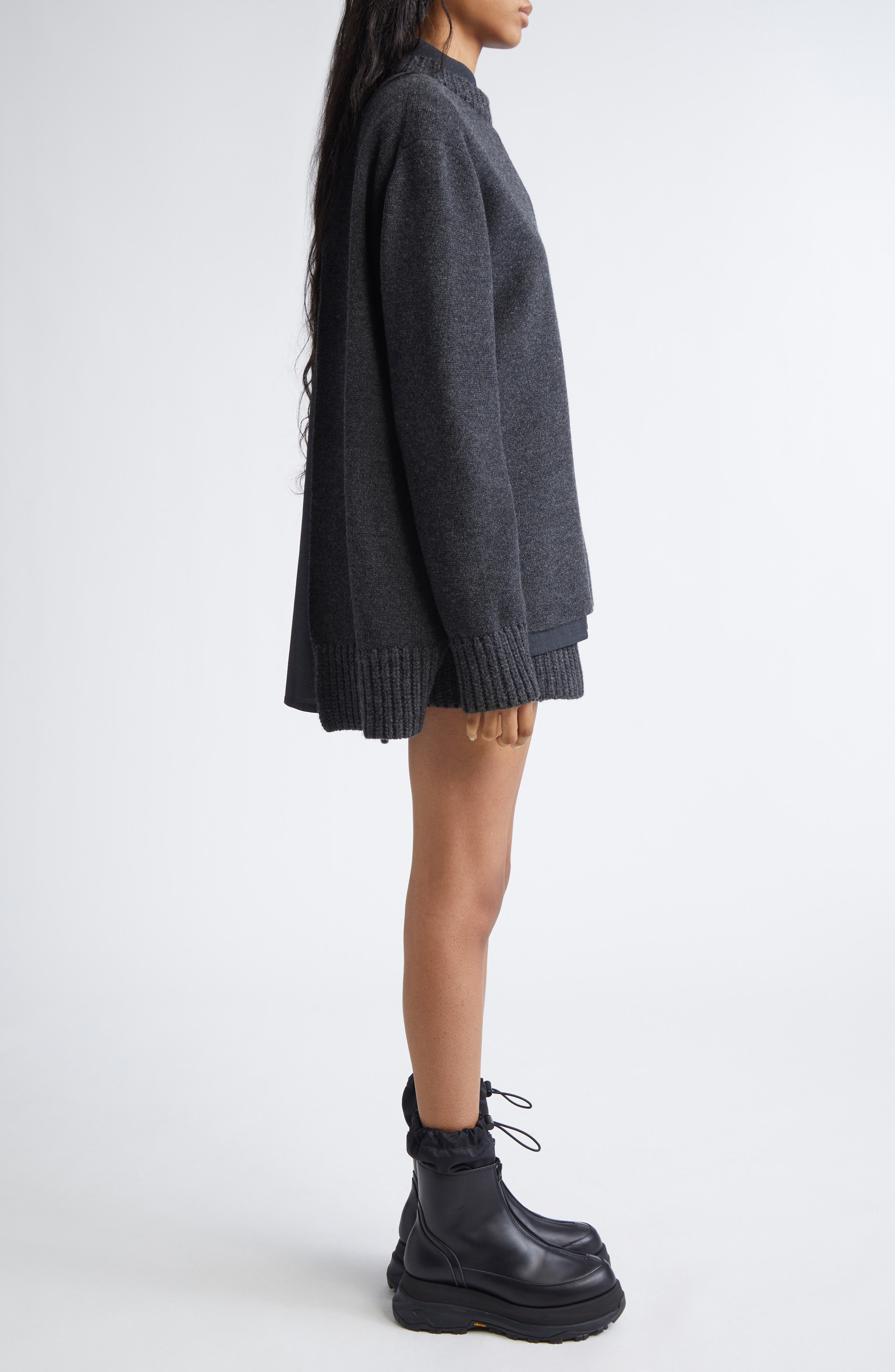 Sacai Mixed Media Long Sleeve Wool Suiting & Knit Sweater Dress in Charcoal Gray at Nordstrom - 3