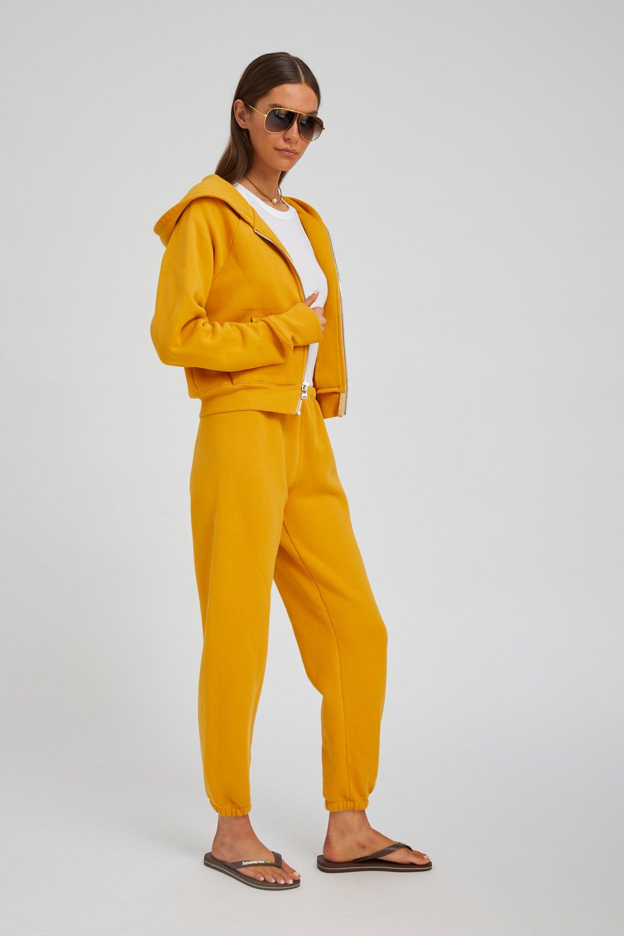 MUSTARD COTTON SHRUNKEN ZIP UP HOODIE - 5