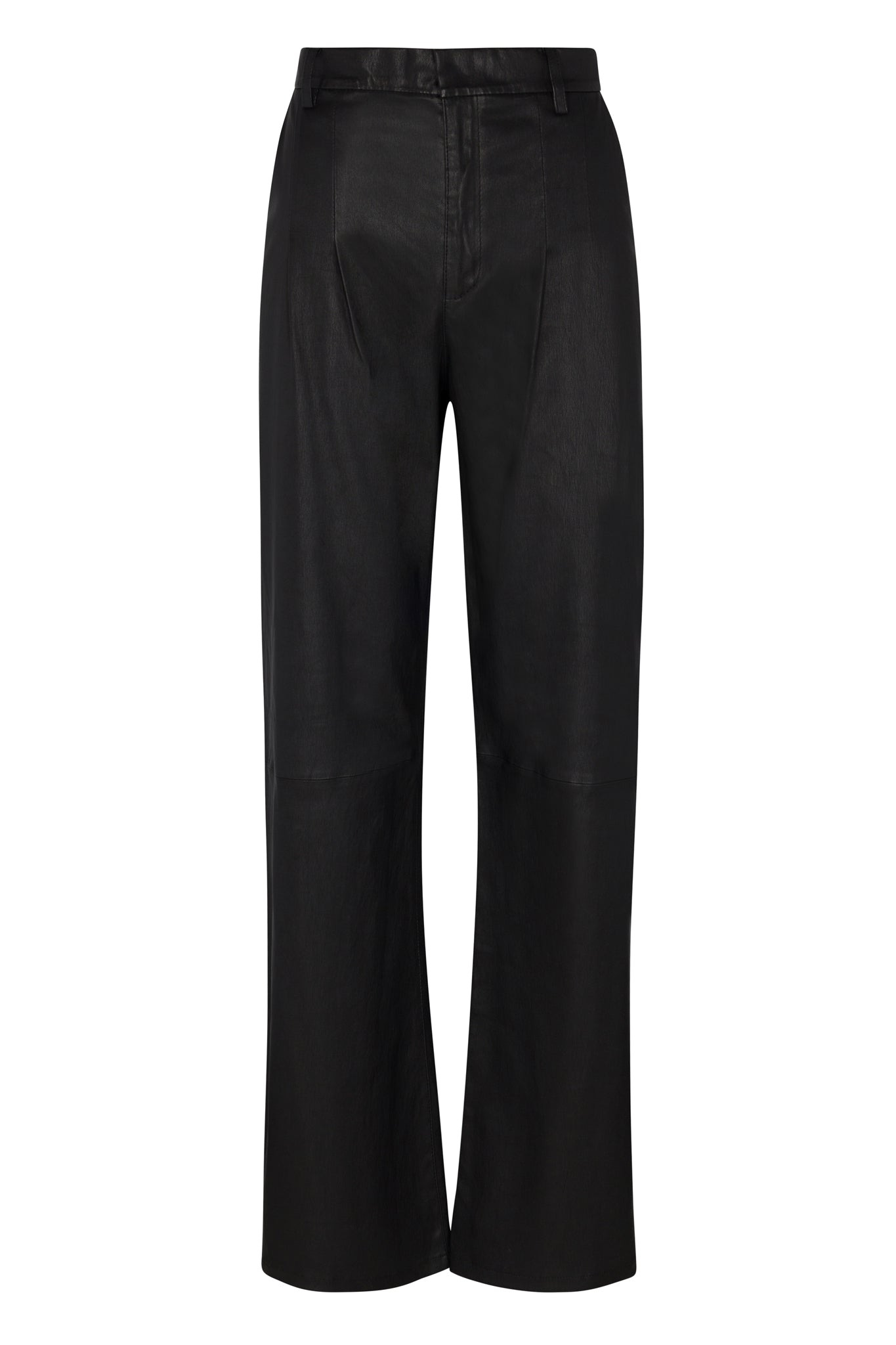 BLACK LEATHER STRAIGHT LEG PLEATED TROUSERS - 5