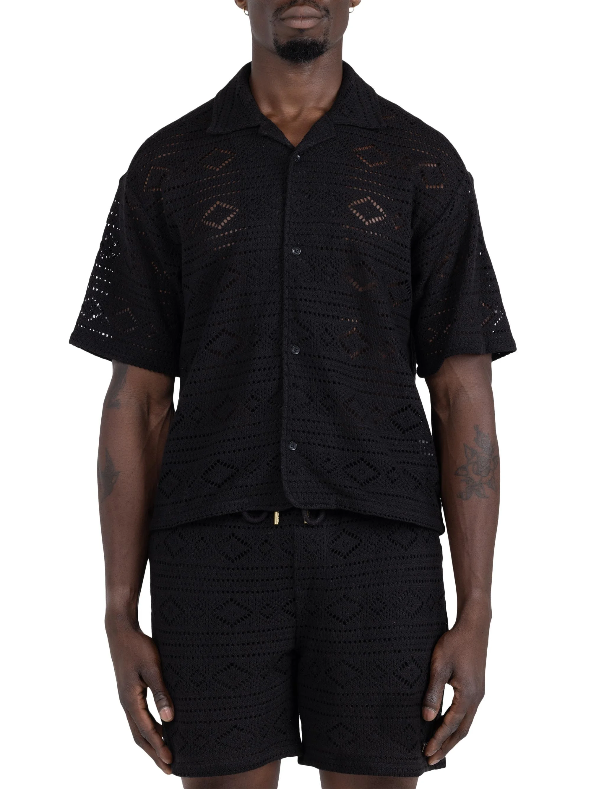 Men's Pointelle Crochet Camp Shirt - Black - 1