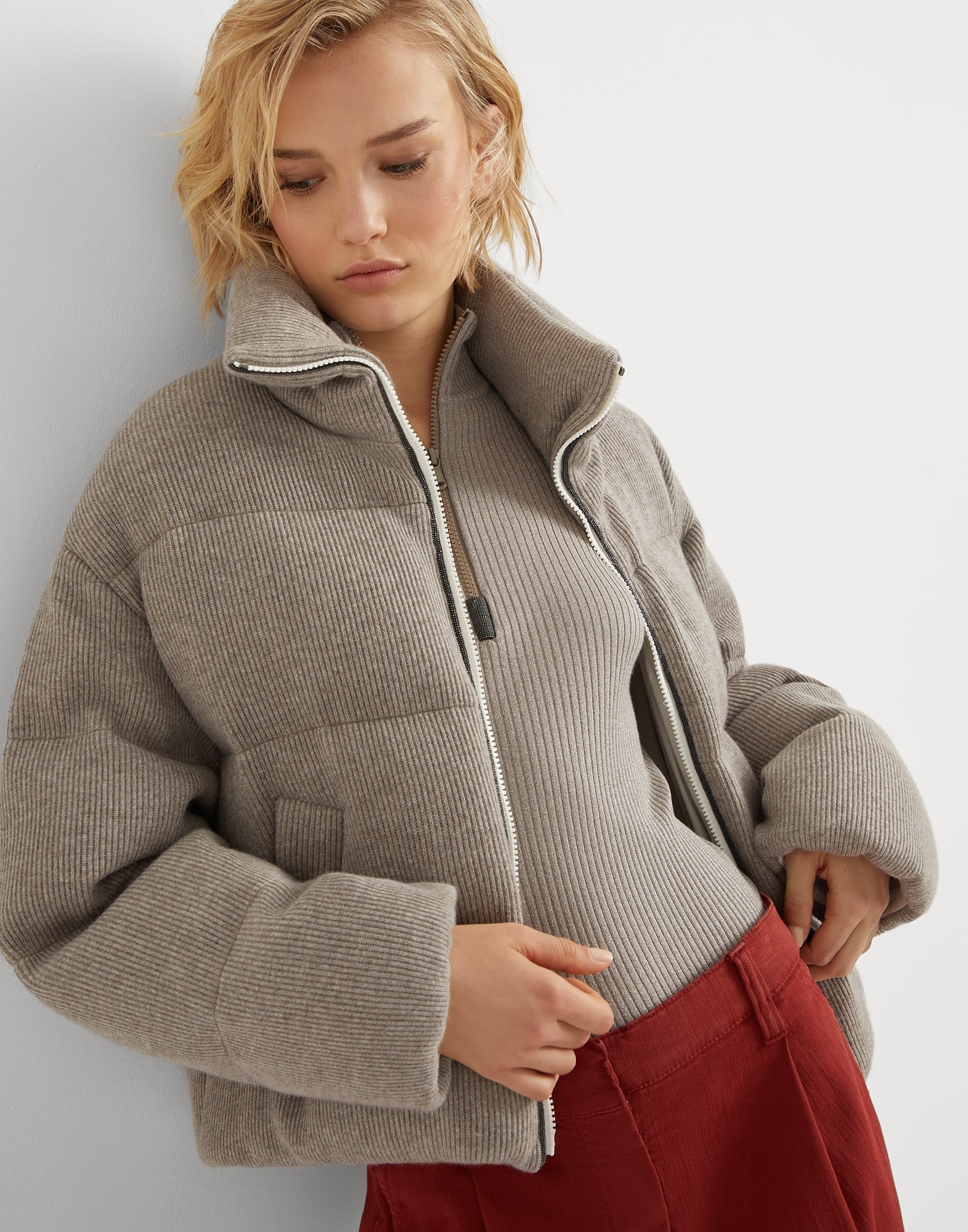 Cashmere English rib knit down jacket with shiny trims - 4