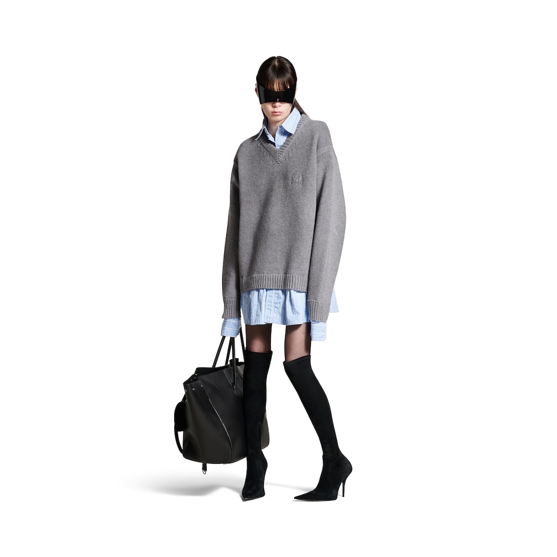Women's Layered Shirt V-neck Sweater in Grey - 2