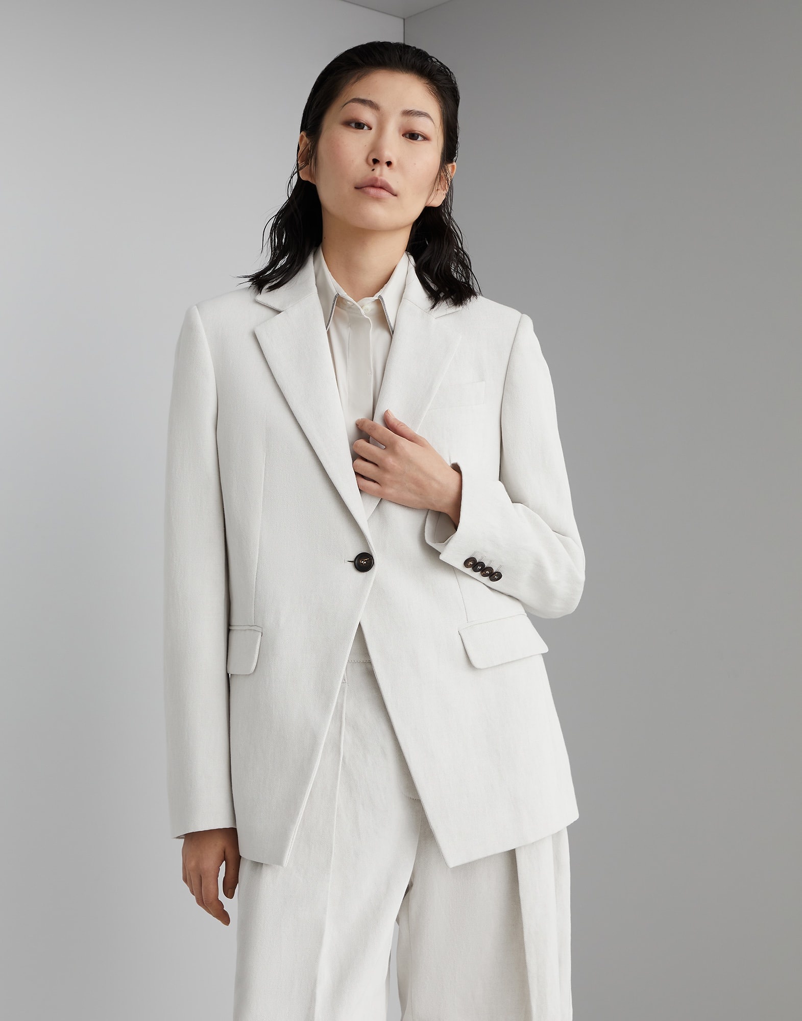 Cotton and linen gabardine blazer with monili - 1