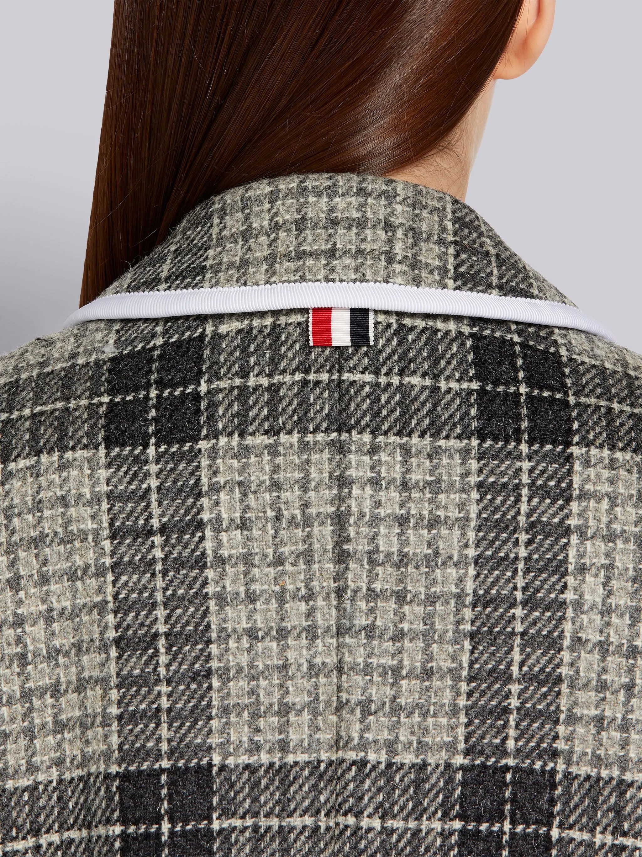 Medium Grey Grid Windowpane Check British Wool Grosgrain Tipping Narrow Shoulder Bal Collar Overcoat - 5