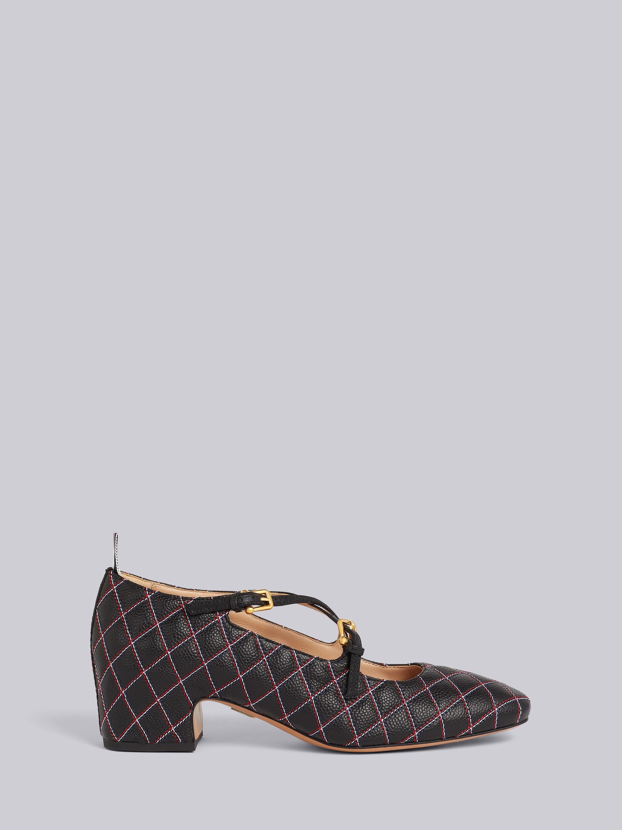 Black Pebbled Calfskin Criss-cross Stitch Block Heel Criss Cross Mary Jane - 1