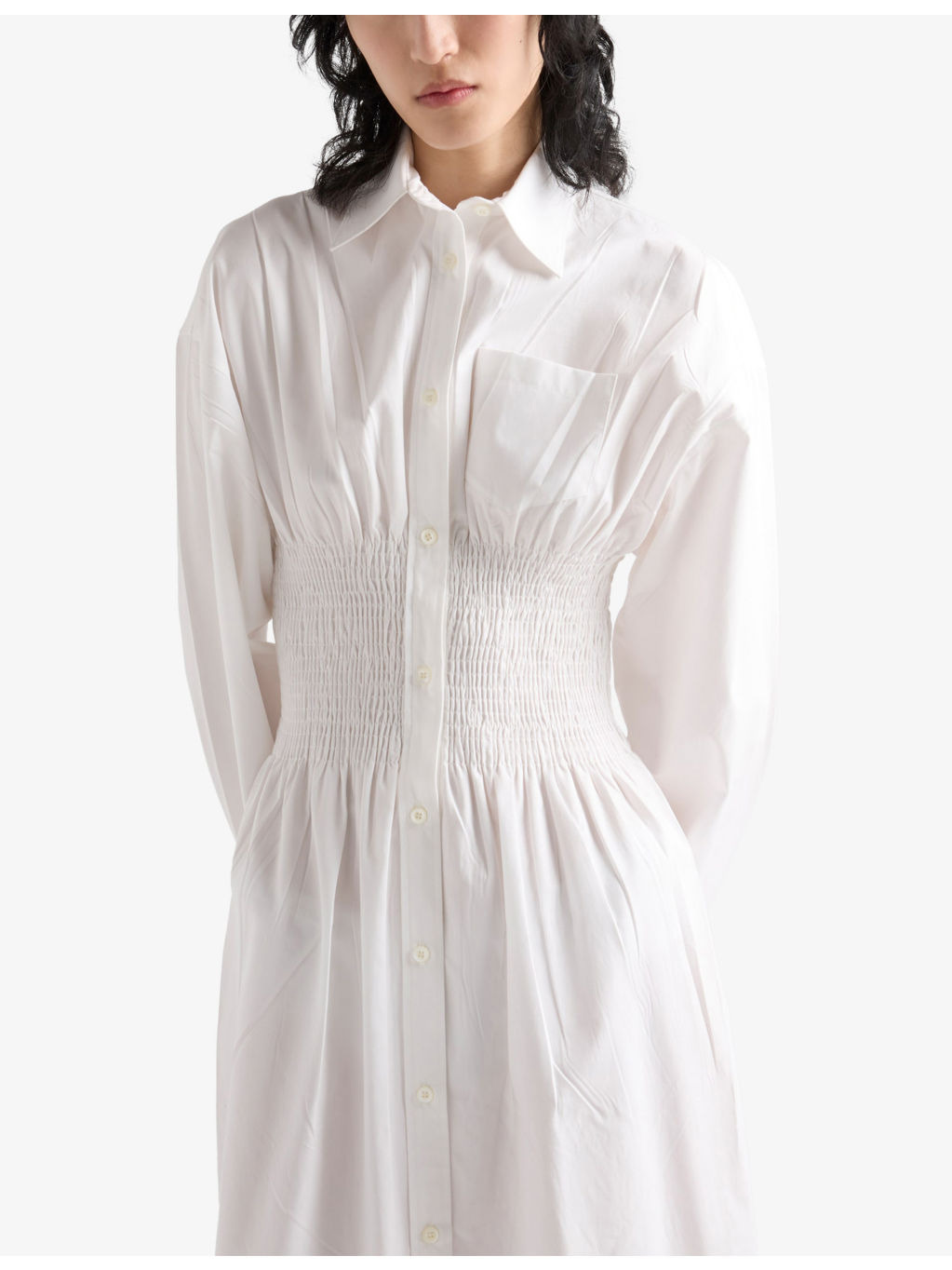 Smocking--Stitched Long-Sleeved Cotton-Canvas Midi Dress - 4