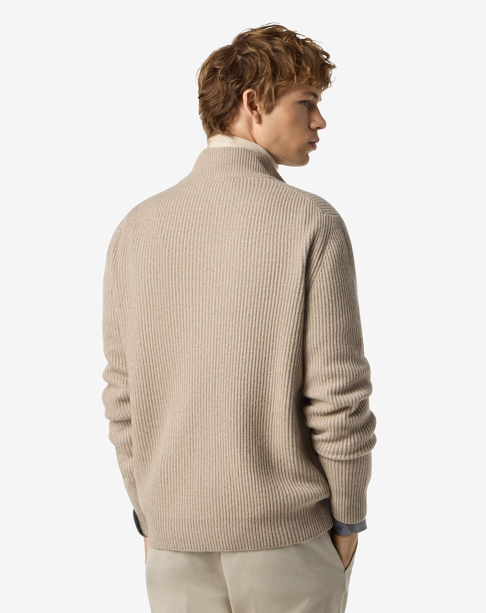 Beige full zip cashmere blend jumper - 3