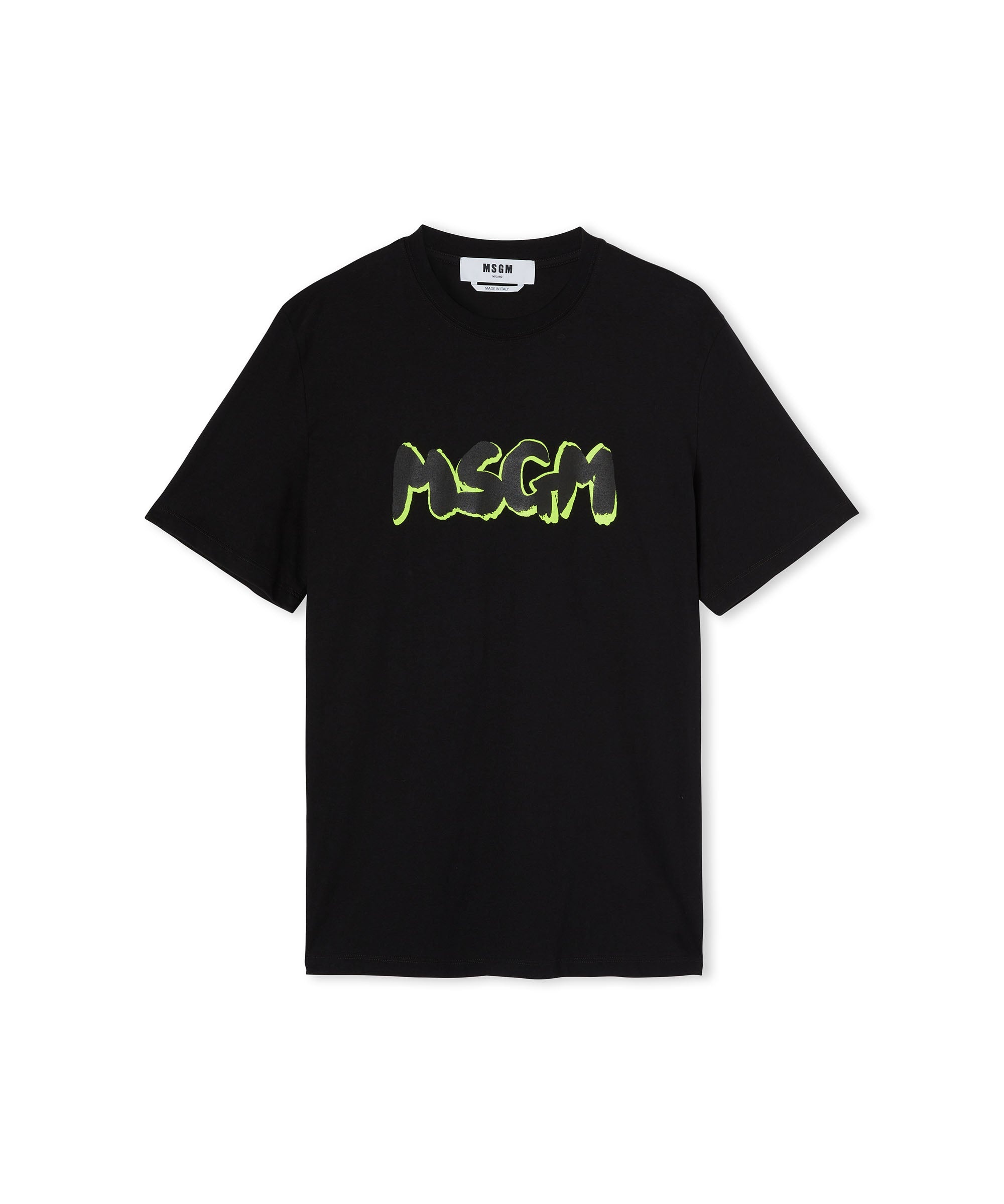 Cotton crewneck t-shirt with new brushed MSGM logo in fluorescent shade - 1