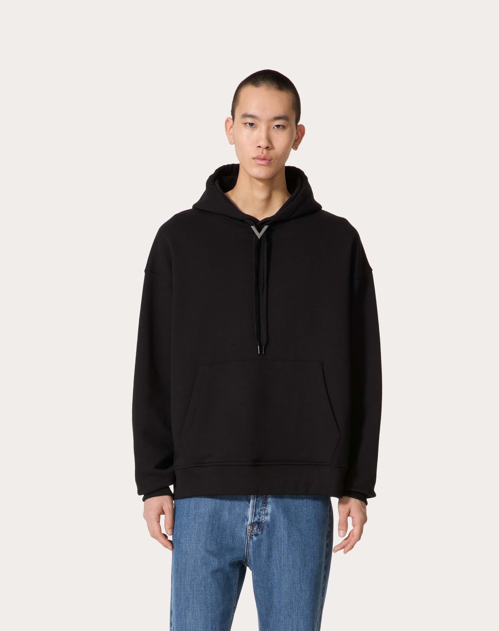 COTTON HOODED SWEATSHIRT WITH METALLIC V DETAIL - 3