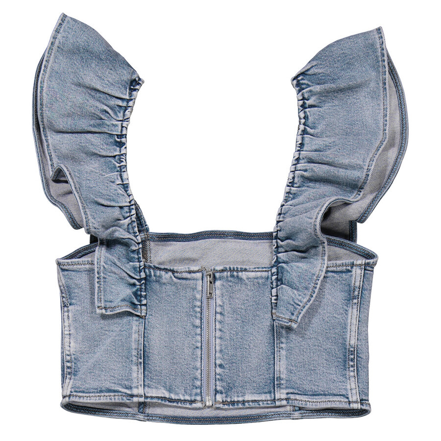Ganni Stretch Denim Cropped Ruffle Top - 6