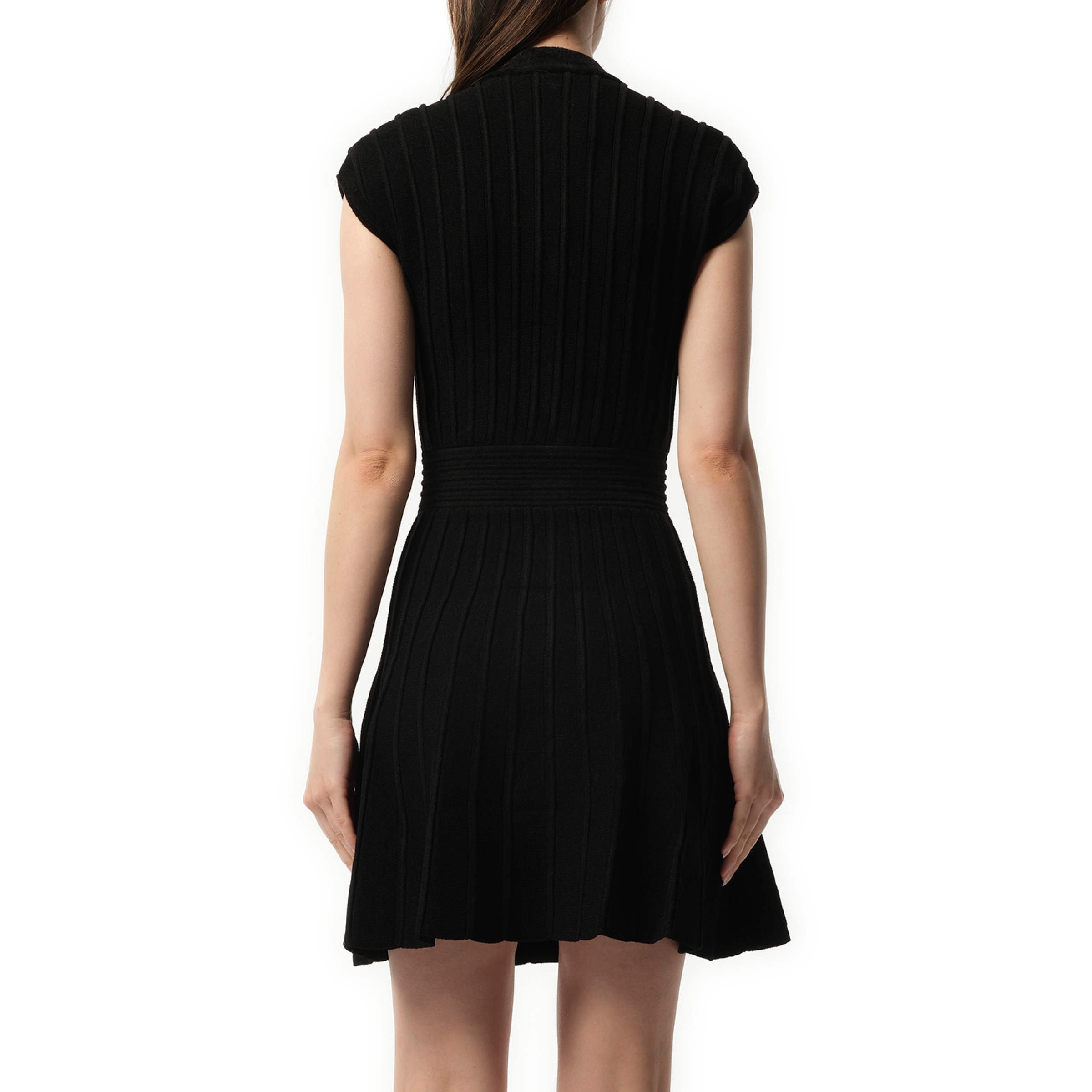 Button V-Neck Velvet Flare Short Dress in Black - 6