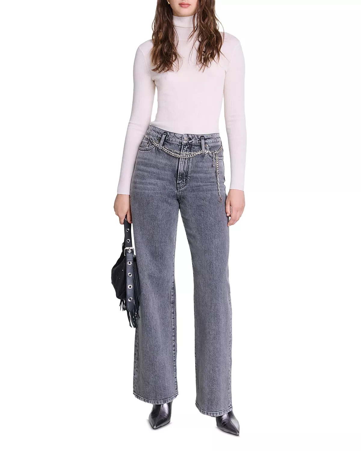 Belted Wide Leg Jeans in Grey - 5