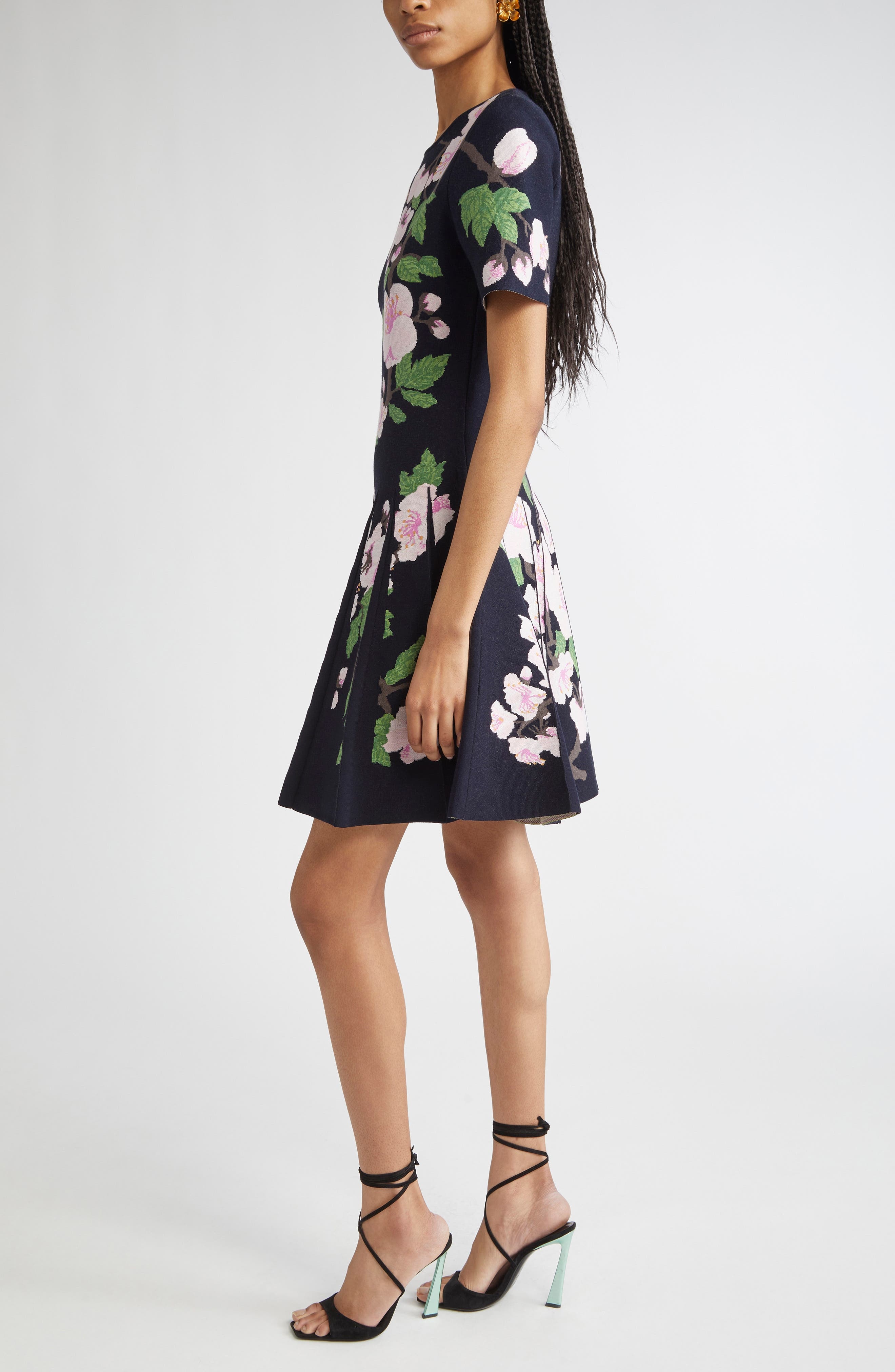 Oscar de la Renta Cherry Blossom Pleated Jacquard Knit Fit & Flare Dress in Navy/Pink at Nordstrom - 3