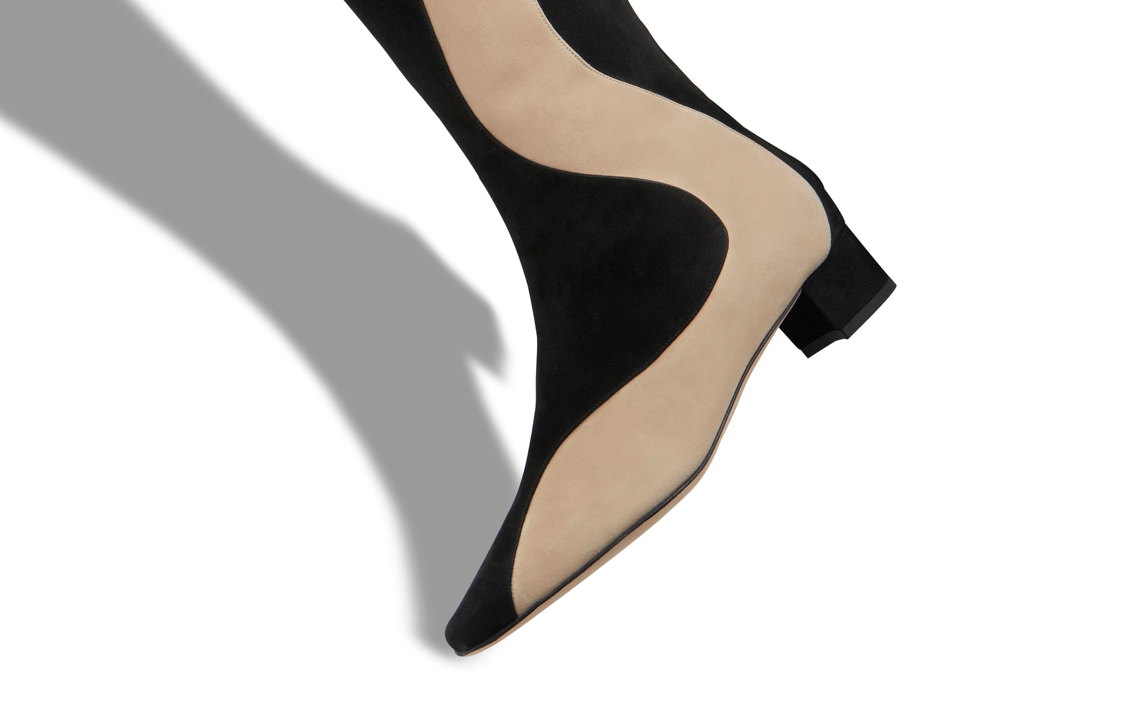 Black and Beige Suede Knee High Boots - 4