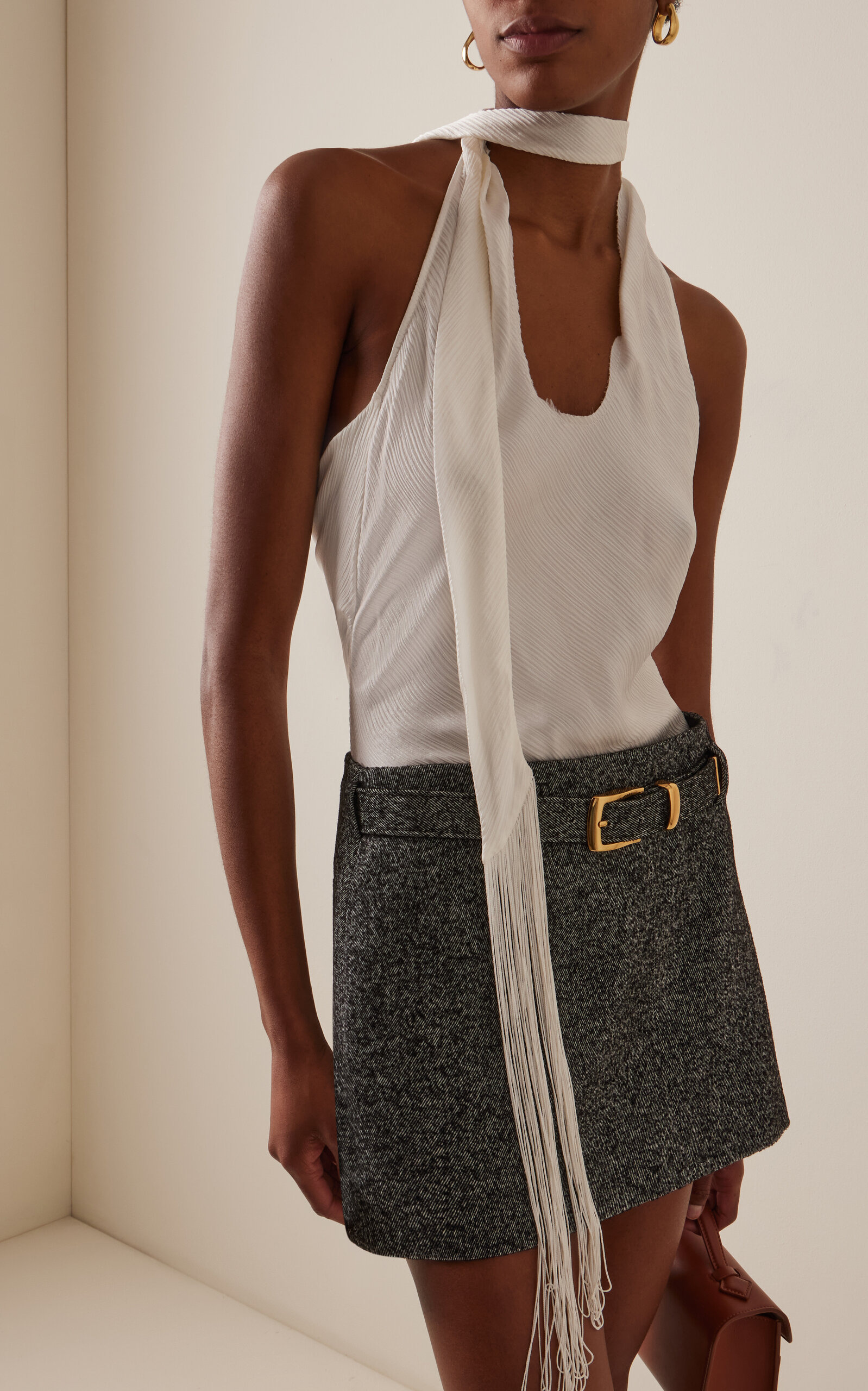 Silk Fringed Tie-Neck Halter Top white - 2