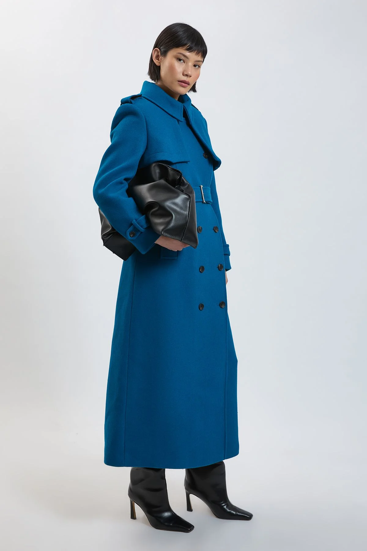 Petite Wool Pu Mix Tailored Belted Trench Maxi Coat - 1