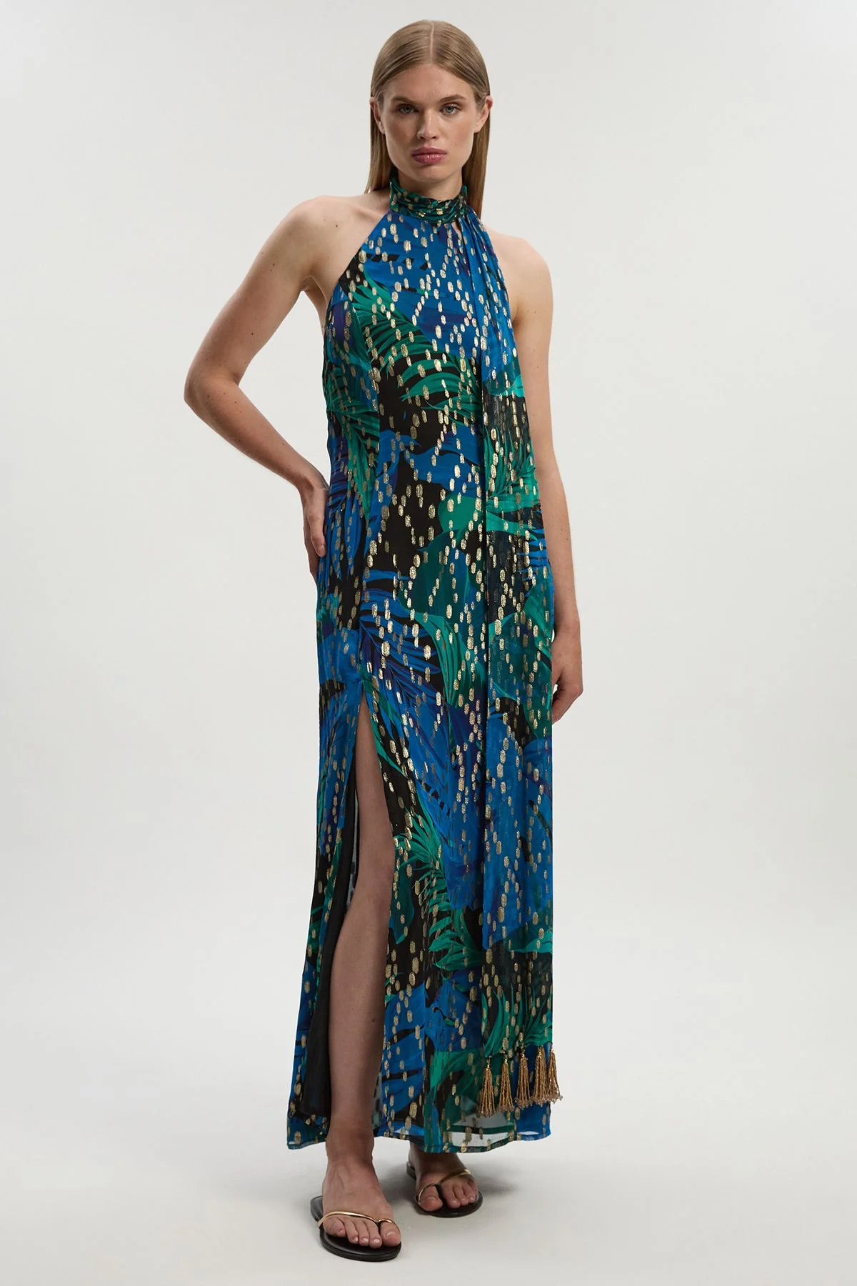 Viscose Metallic Palm Print Halter Neck Maxi Dress - 1
