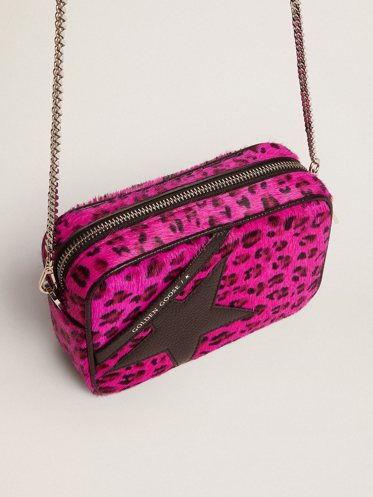 Mini Star Bag in fuchsia leopard-print pony skin with black leather star - 2