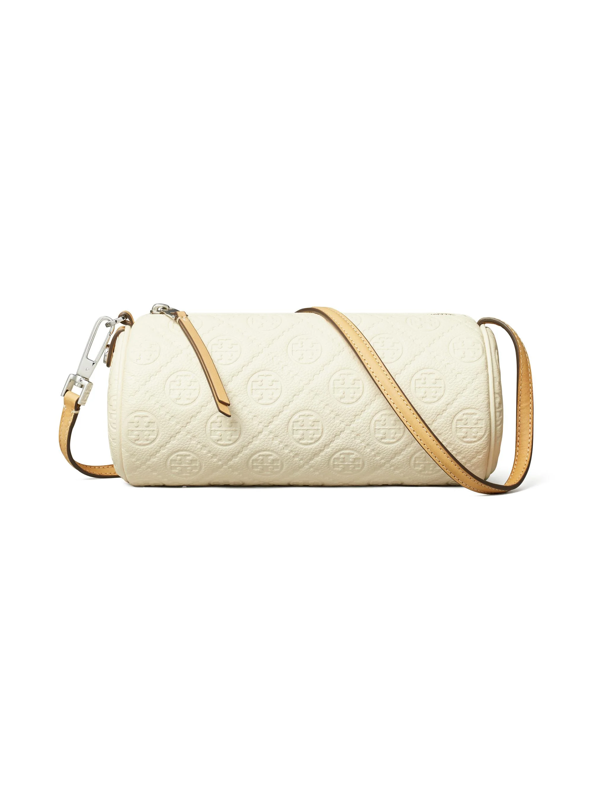 Women's T Monogram Pebbled Leather Cylinder Bag - Warm White - 1