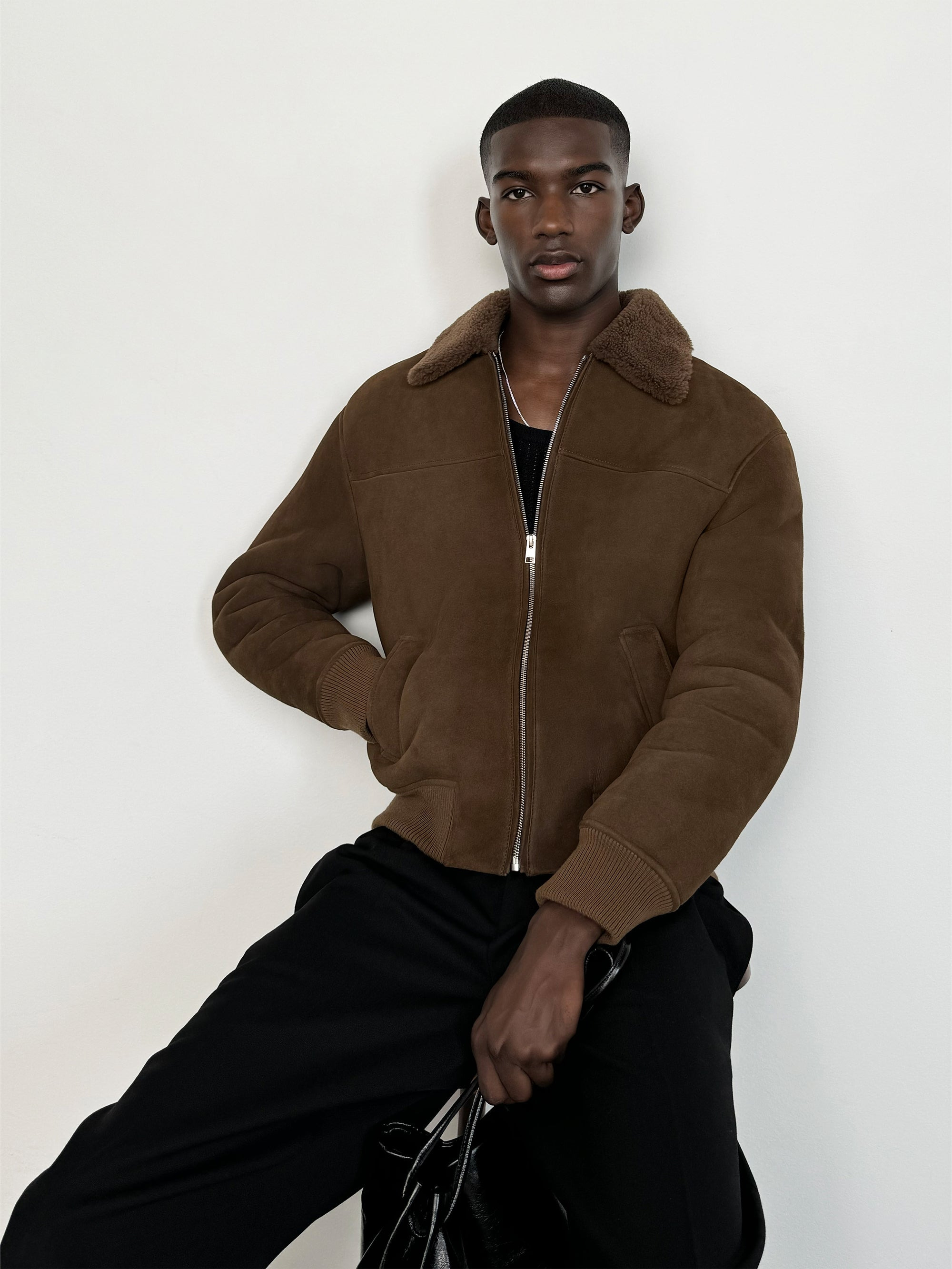 Suede Shearling Bomber in Dark Camel - 2