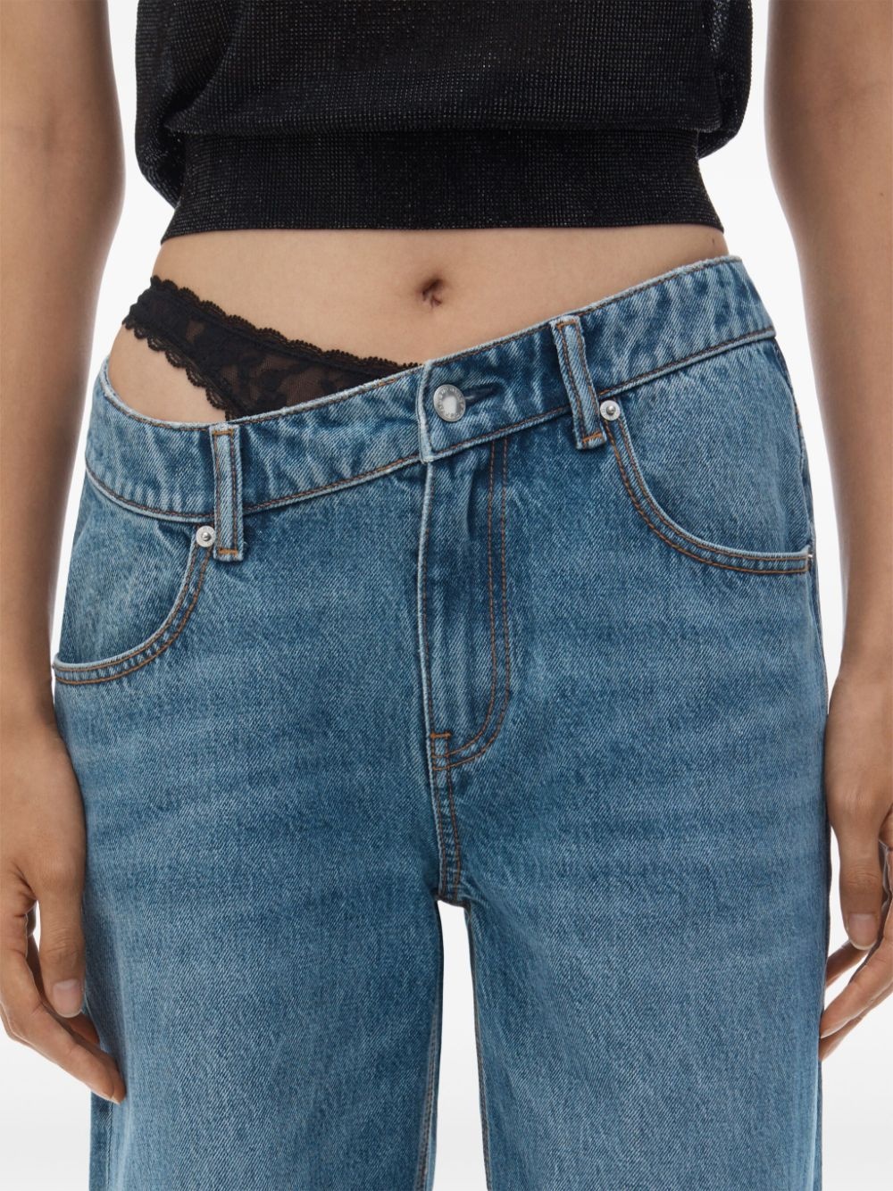 asymmetrical waistband lace jeans - 5