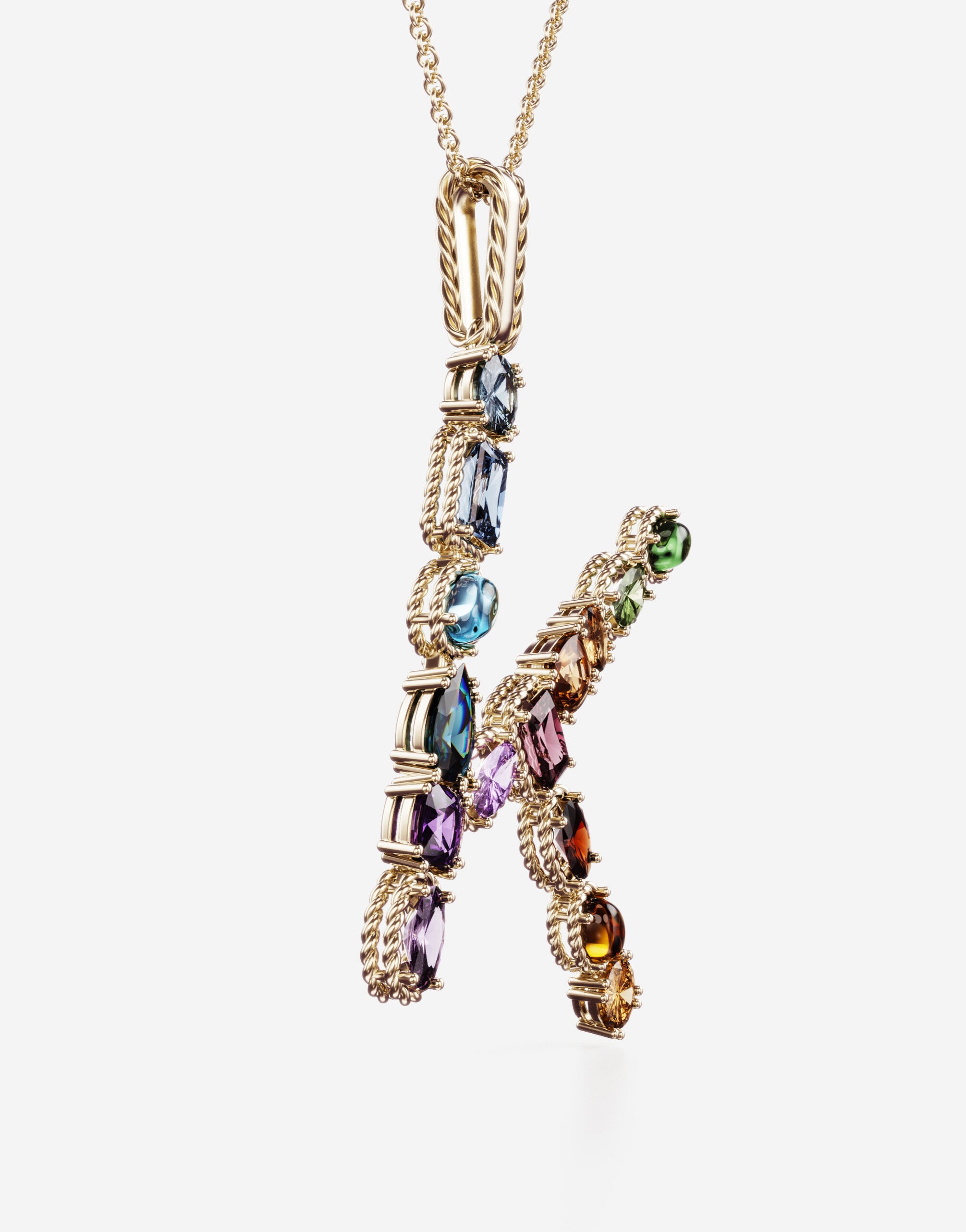 Rainbow alphabet K pendant in yellow gold with multicolor fine gems - 3